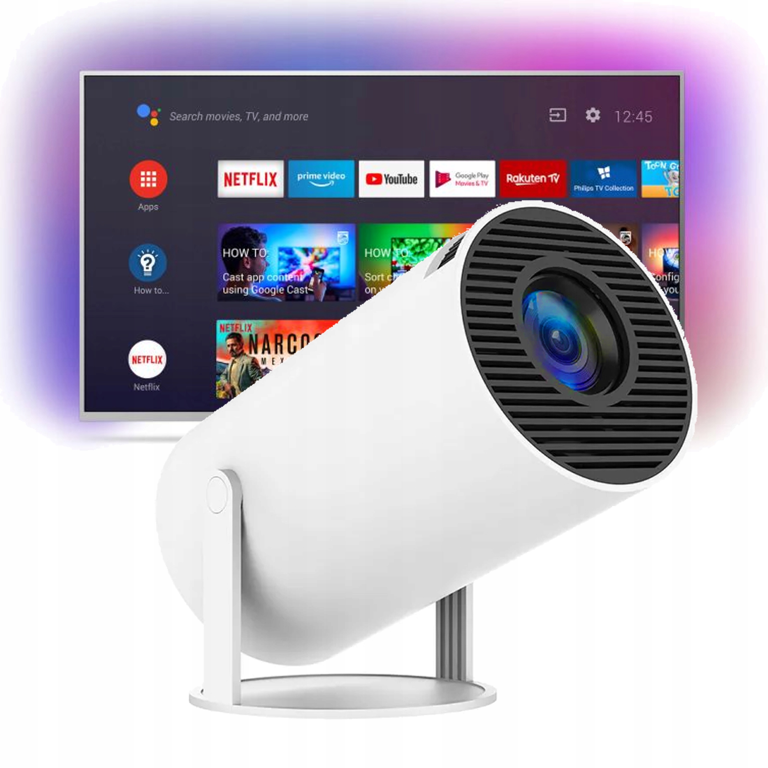 PROJEKTOR RZUTNIK ANDROID TV WIFI FULLHD PRZENOŚNY 4K GŁOŚNIK OBROTOWY HDMI