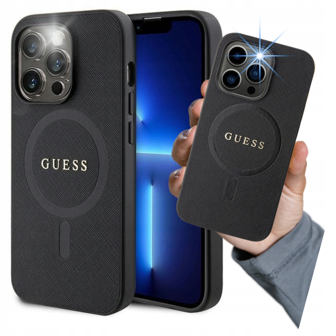 Etui do iPhone 14 Pro, Guess Saffiano do MagSafe, Miękka, Solidna obudowa