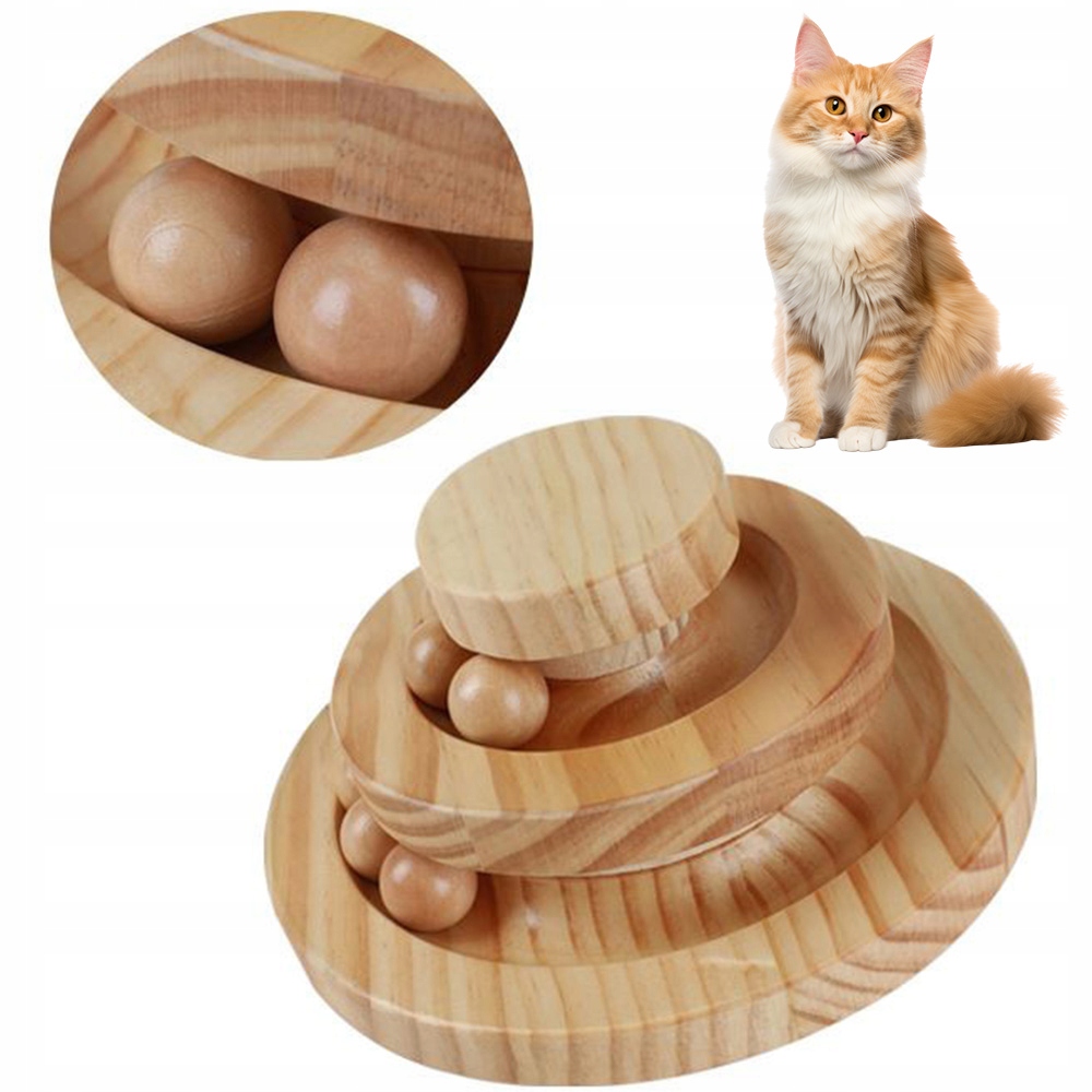 Levně Dřevěná 3-ÚROVŇOVÁ Kočičí Dráha S Míčky Hračka Interaktivní A Stabilní