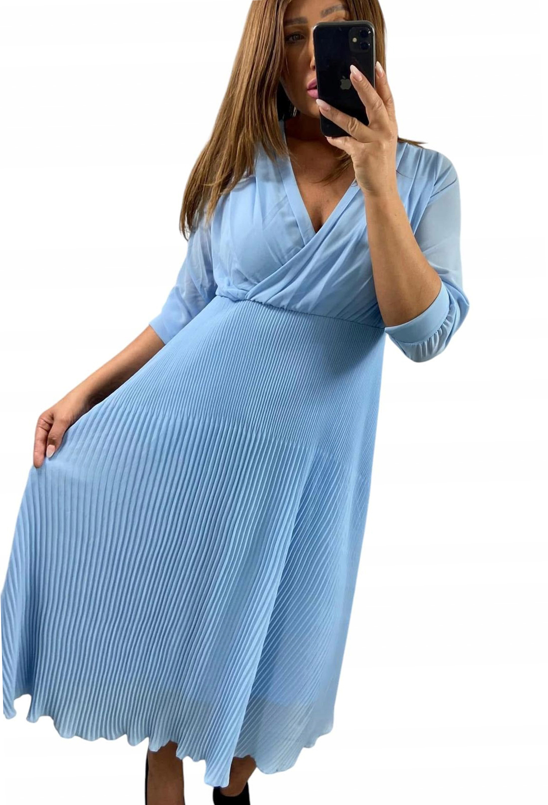 V652 Elegantní Plisovaná Šaty Modrá vel. 50 (5XL)