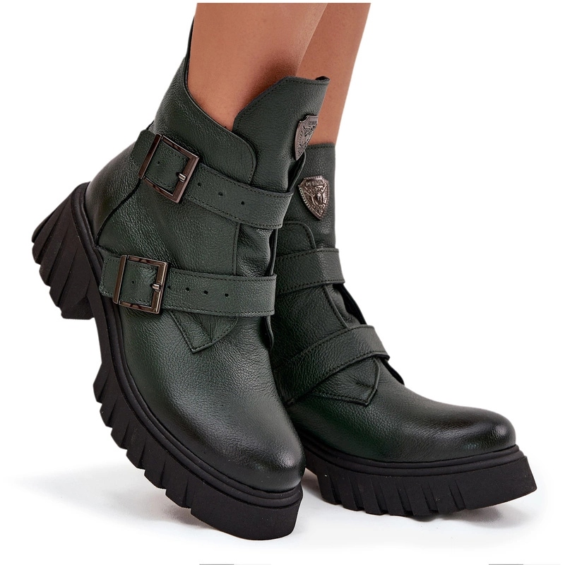 Dámské Kotníkové Boty Zateplené Kožené Spony Zazoo 60482 Tmavě Zelené 36