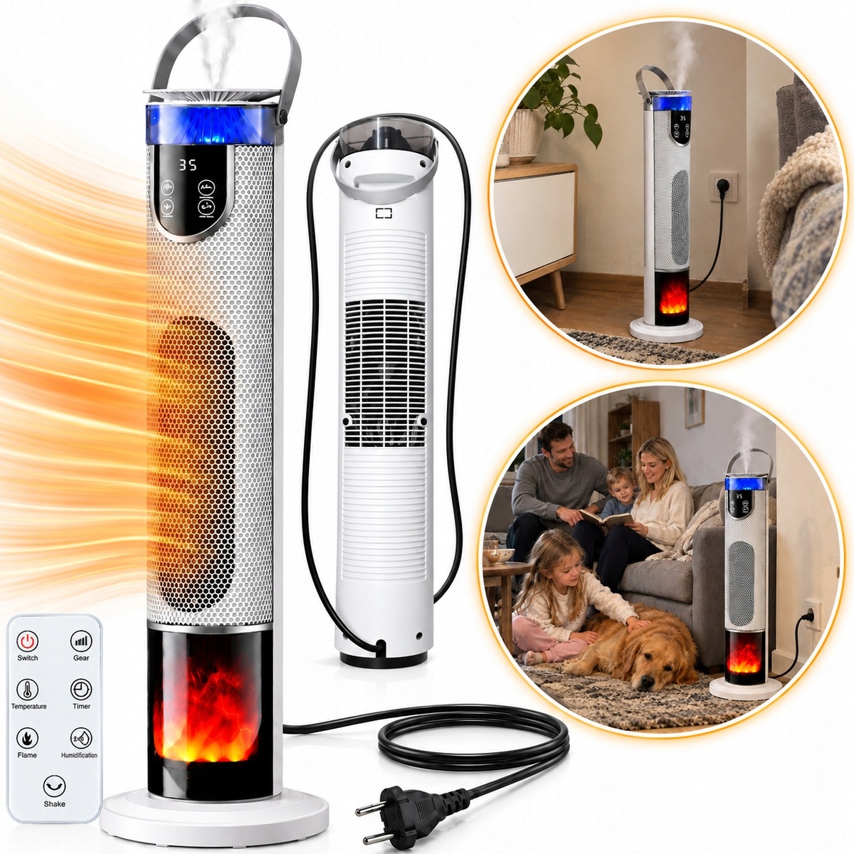 Elektrický sloupový termoventilátor s krbem Pilot 2000W Led