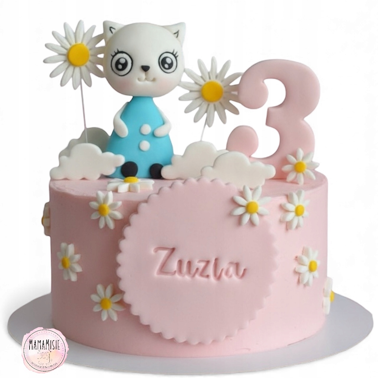 Kicia Kocia z masy cukrowej figurka na tort dekoracja stokrotki roczek