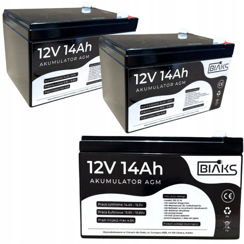 2x Akumulátor Agm 12V 14Ah Biaks (rozměr 10Ah 12Ah 15Ah) pro solární alarm
