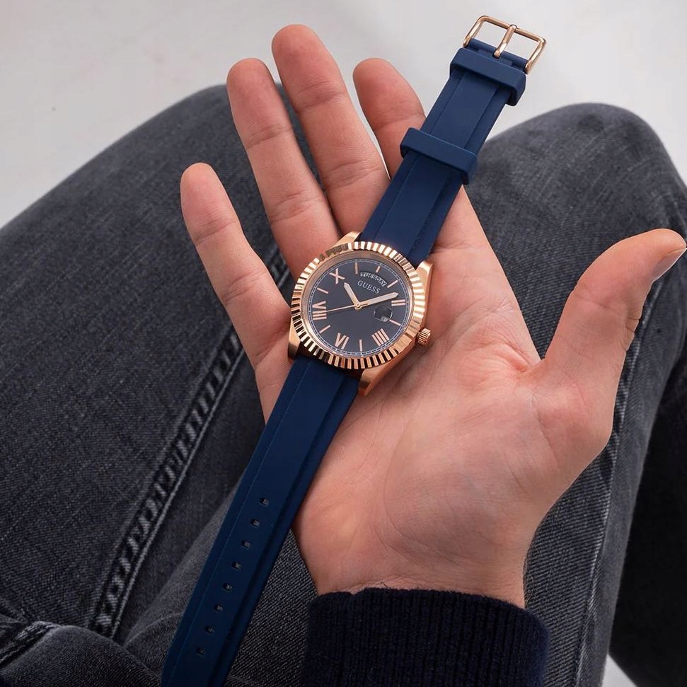 Guess Connoisseur hodinky zlato-modré na řemínku GW0335G2