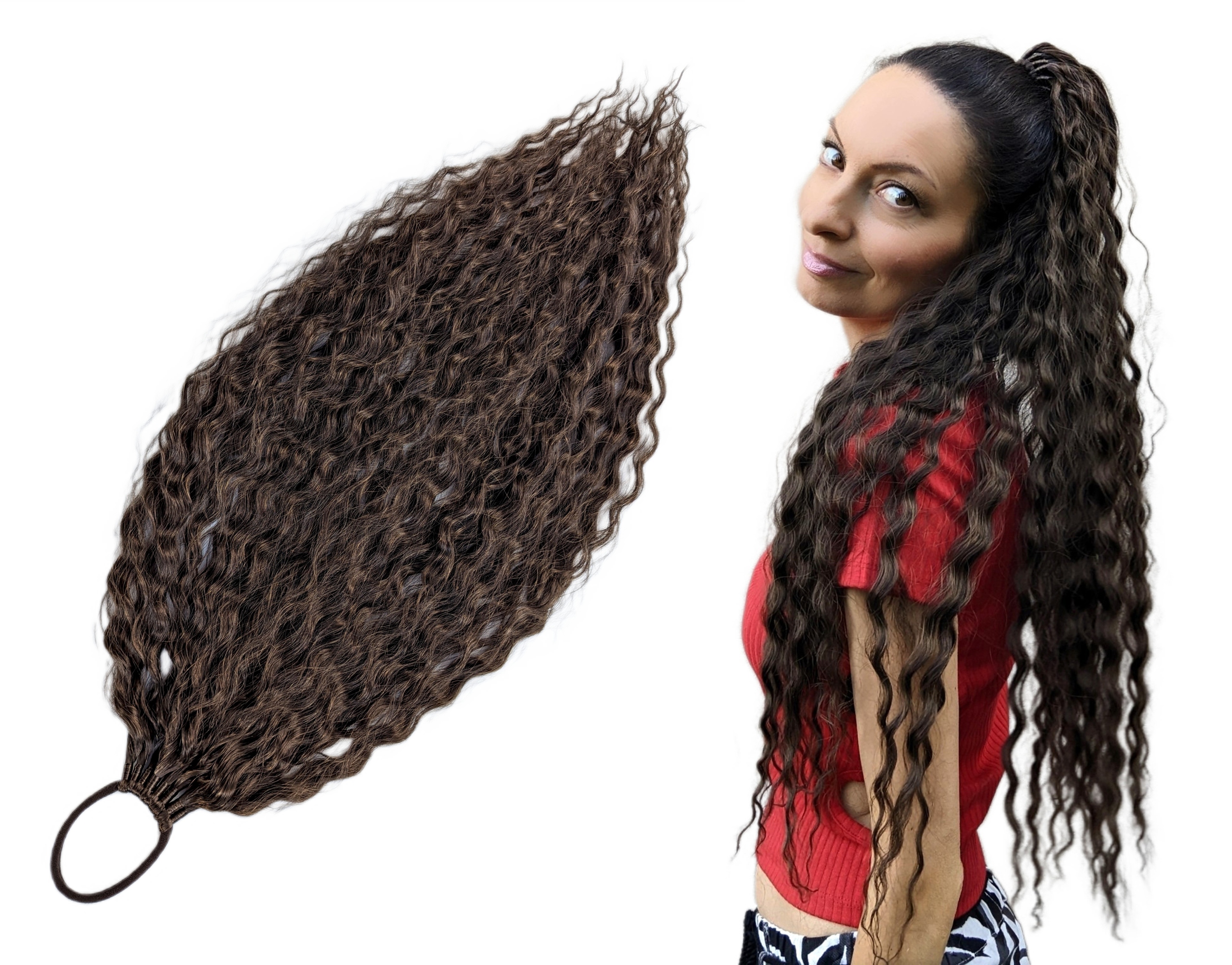 Kucyk Doczepiany Na Gumce, Treska fale, brązowy, Szalona Brazylijka, 60cm