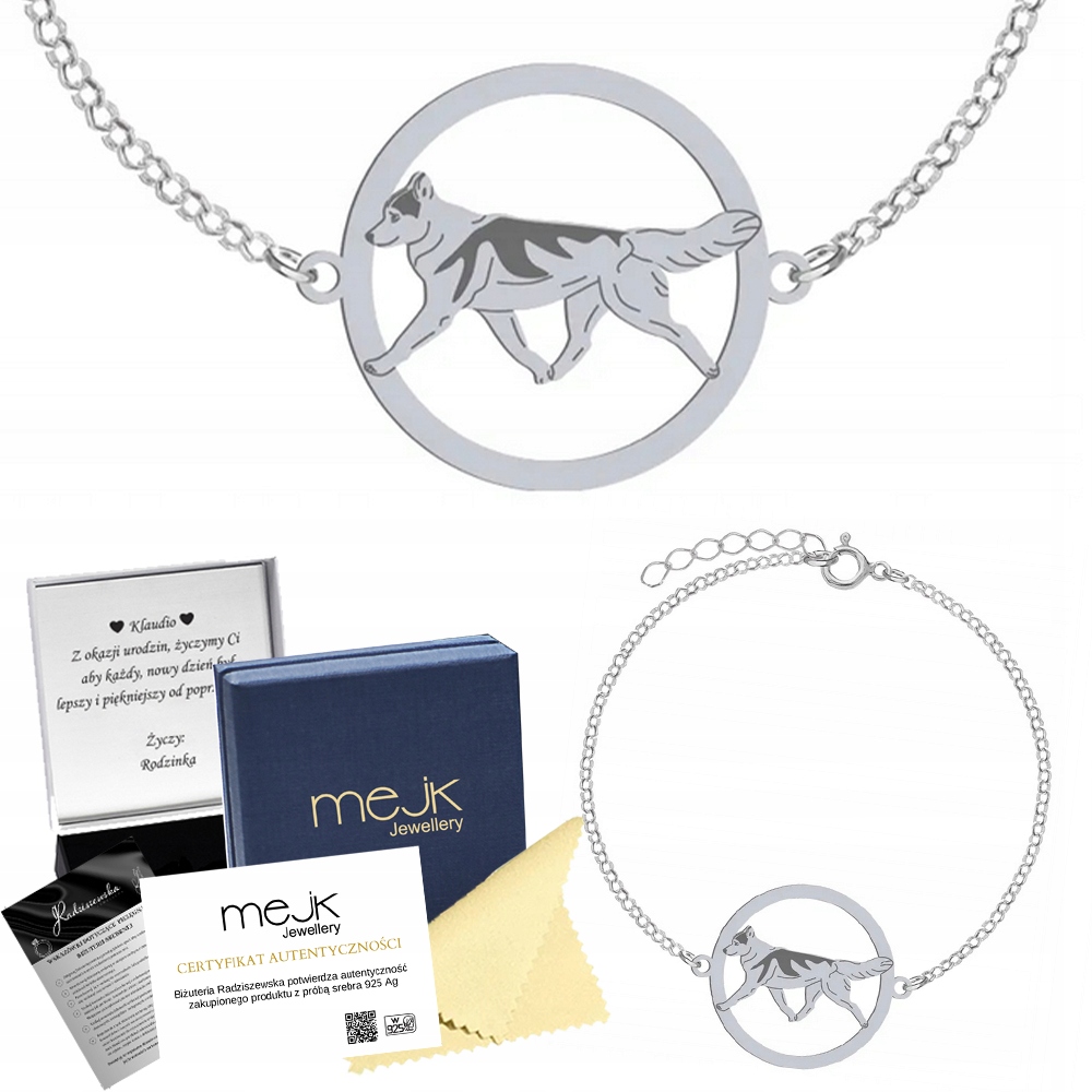 Stříbrný náramek s psem Husky Sibiřský 925 Dedikace Gravírování Bonus