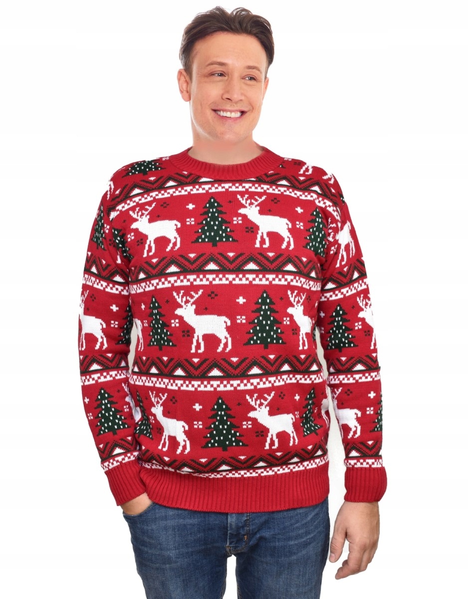 NORWESKI SWETER ŚWIĄTECZNY RENIFERY CZERWONY XL Dekolt okrągły