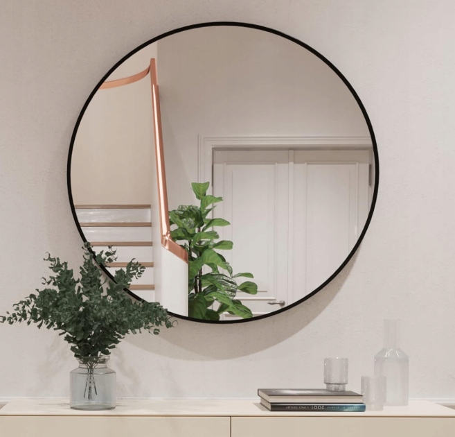 Okrúhle zrkadlo 91 cm, čierny kovový rám na stenu