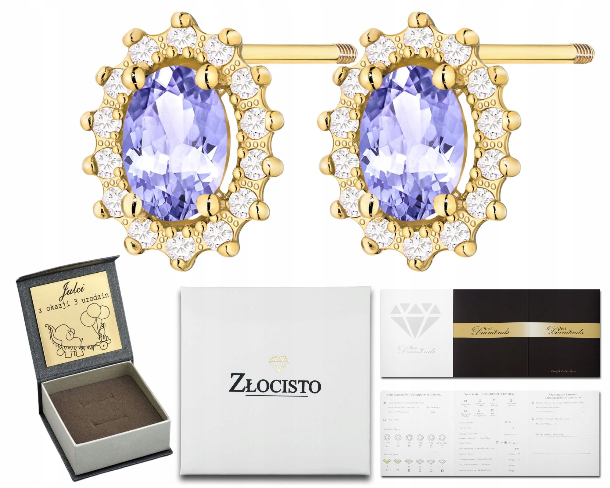 Zlaté Náušnice Tanzanity S Brilianty Na Šroubovací Tyči Zlato 585 Dárek