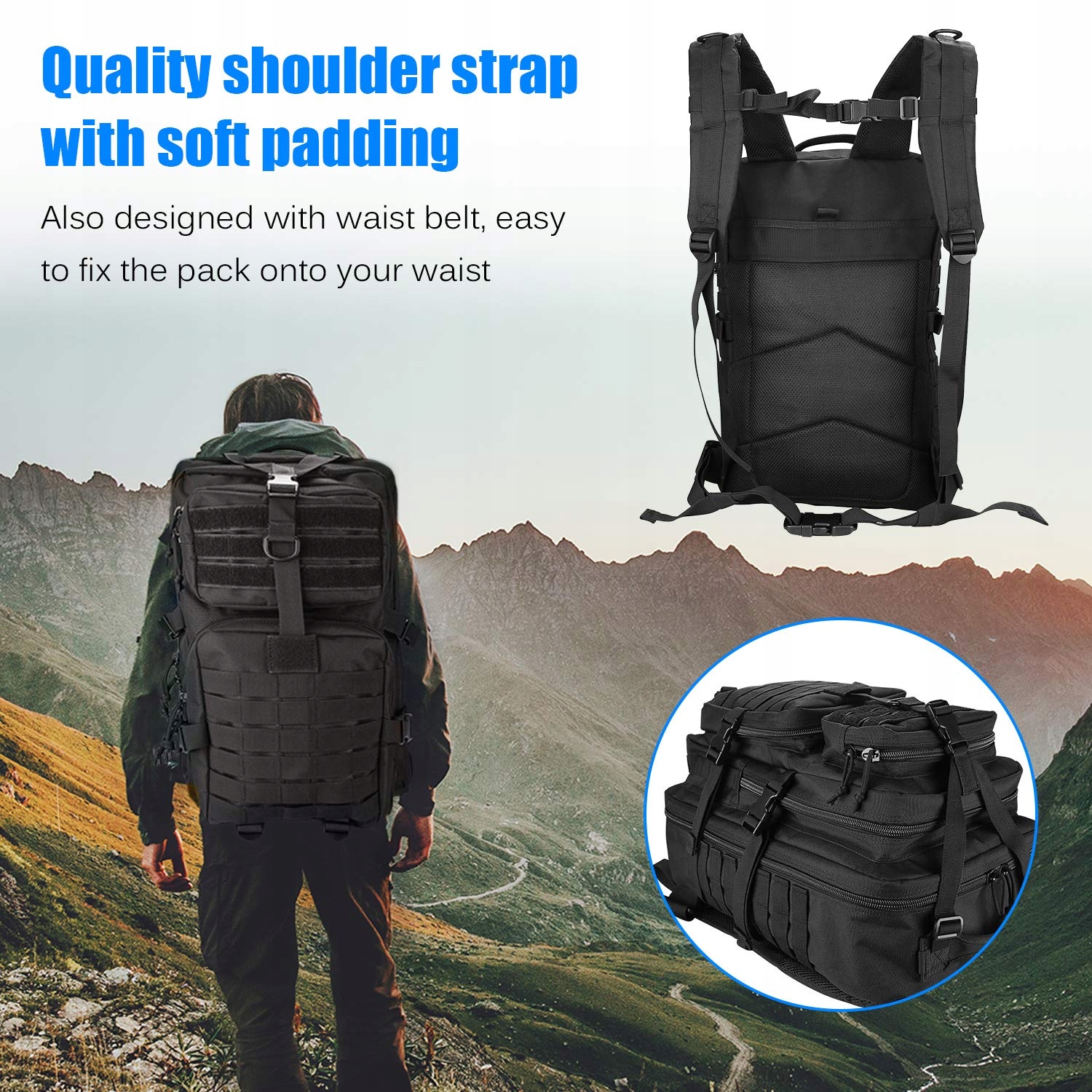 PROCASE Plecak Wojskowy 48L Survival Taktyczny Molle Outdoor Czarny — miniatura 7