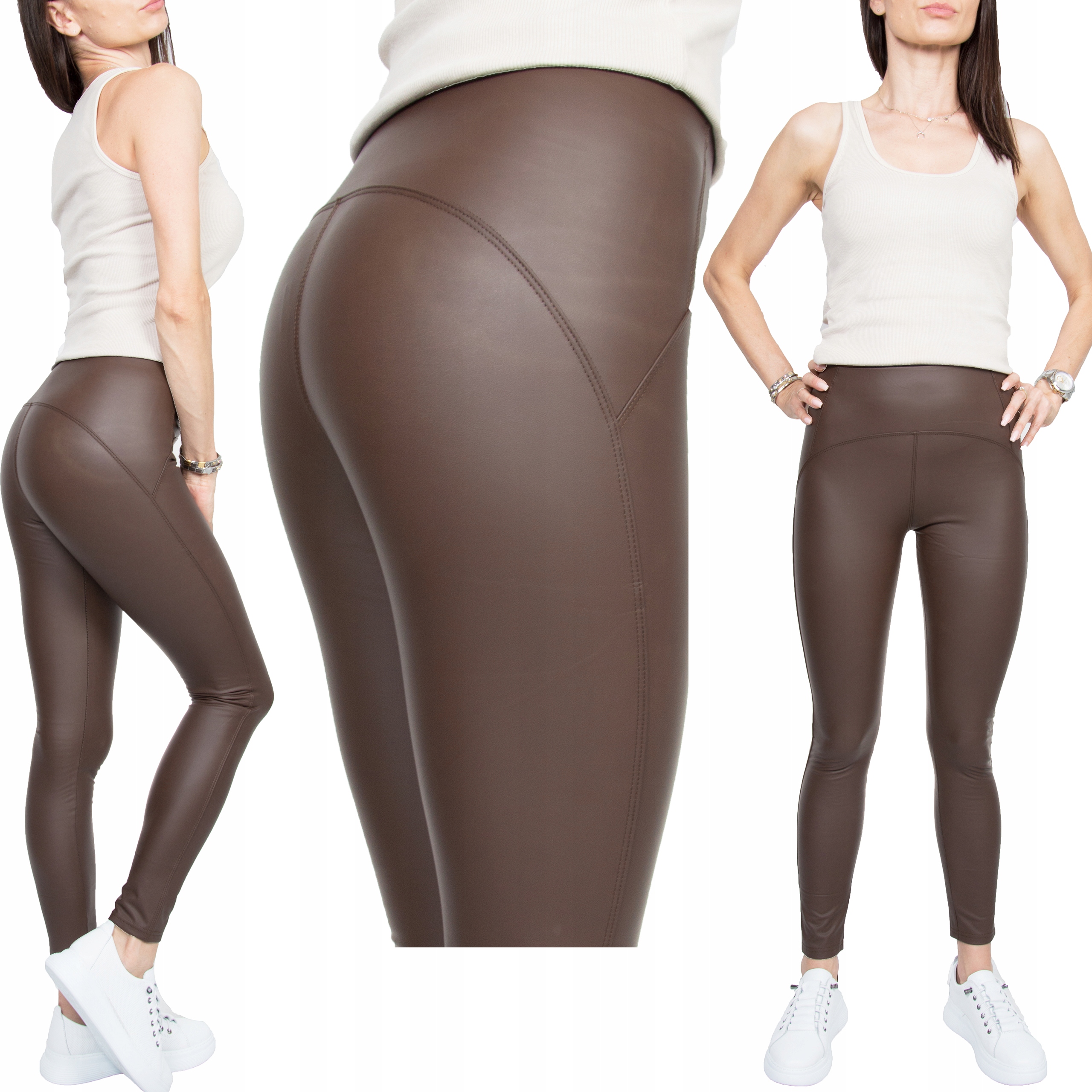 BRĄZOWE MODELUJĄCE LEGGINSY SKÓRA MAT r.L/XL