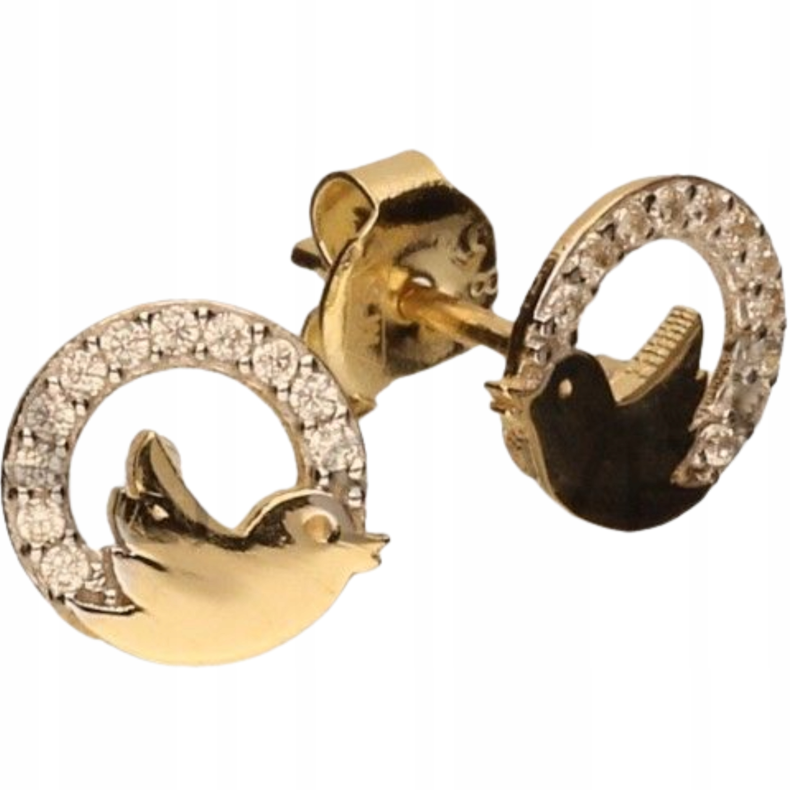 Zlaté náušnice 585 Ptáci v kruhu se zirkony šroubky tyčinky 1,19 g