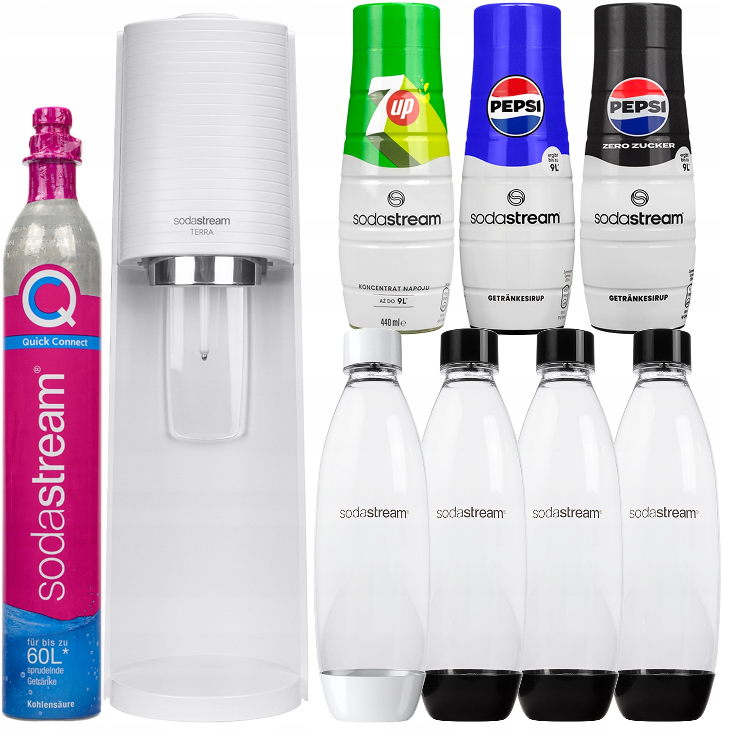 Saturator Sodastream Terra Biały 4 Butelki 3 Syropy Pepsi Mirinda 7UP