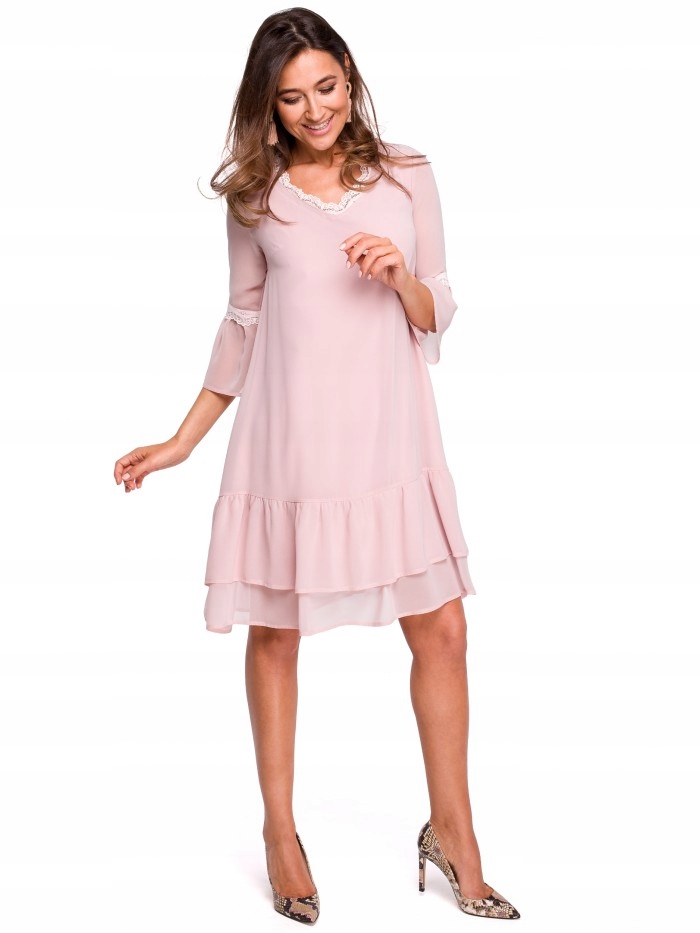 

Eu L S160 Sukienka szyfonowa z falbanami - pudrowa