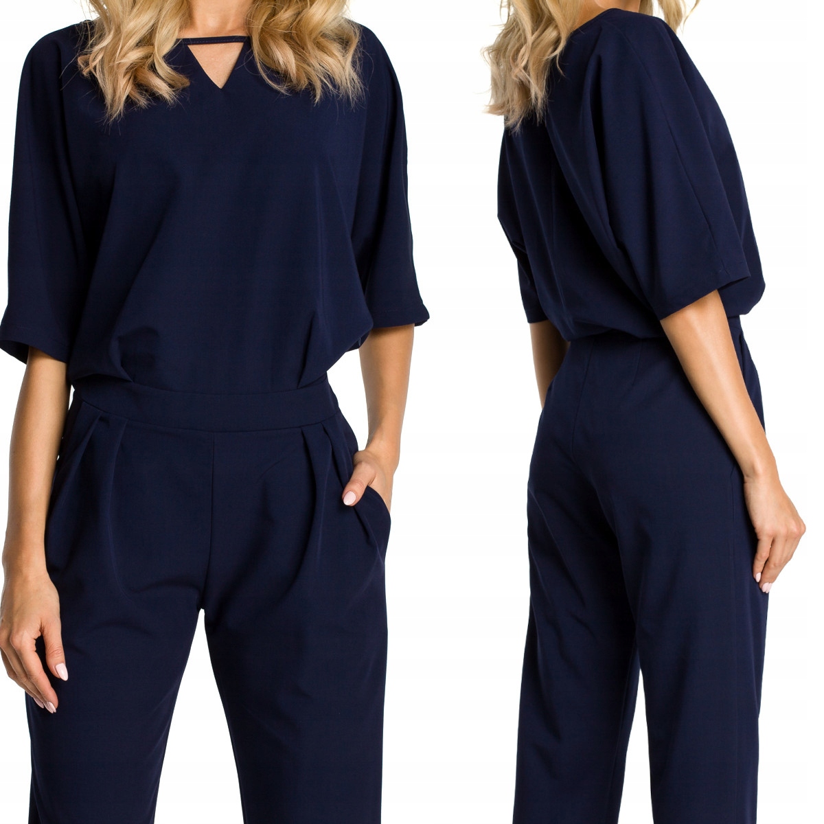 KOMBINEZON DAMSKI ELEGANCKI KOBIECY KRÓTKI RĘKAW LUŹNY GRANATOWY 44 XXL