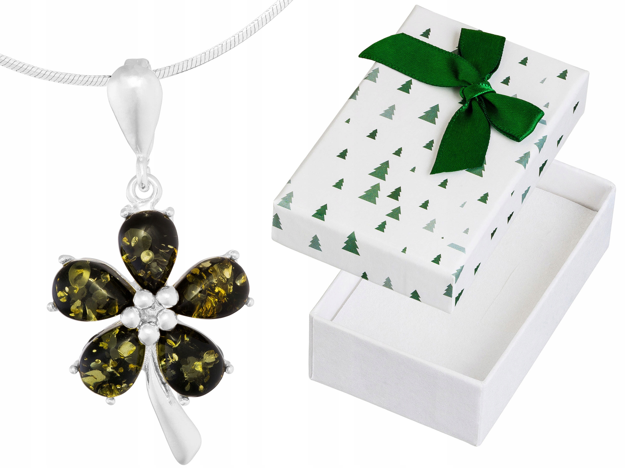 Dlouhý stříbrný náhrdelník Květina se zeleným jantarem Květina Jantar 75 cm