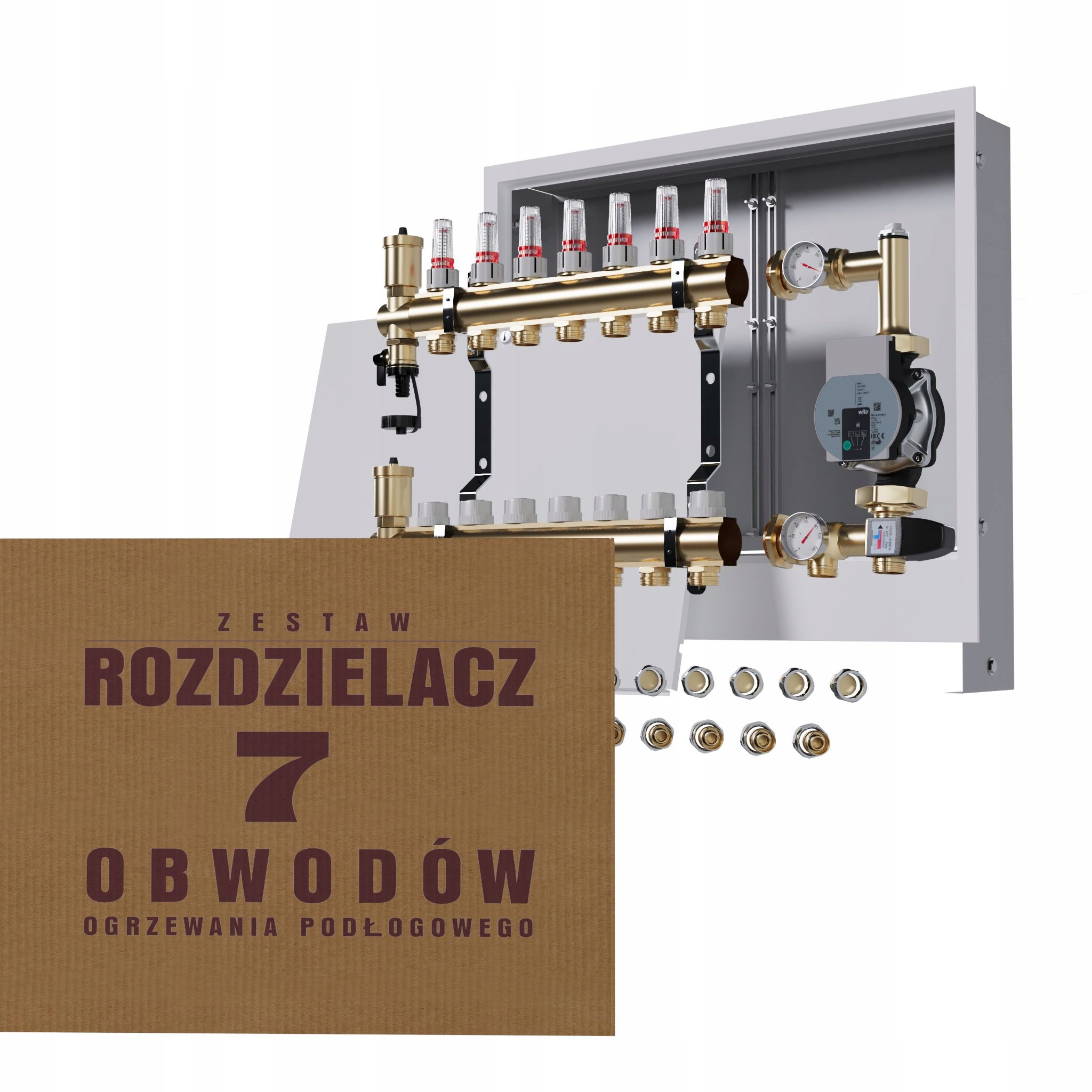 Rozdělovač pro podlahu 7 okruhů s čerpadlem Wilo podomítková skříňka Pex