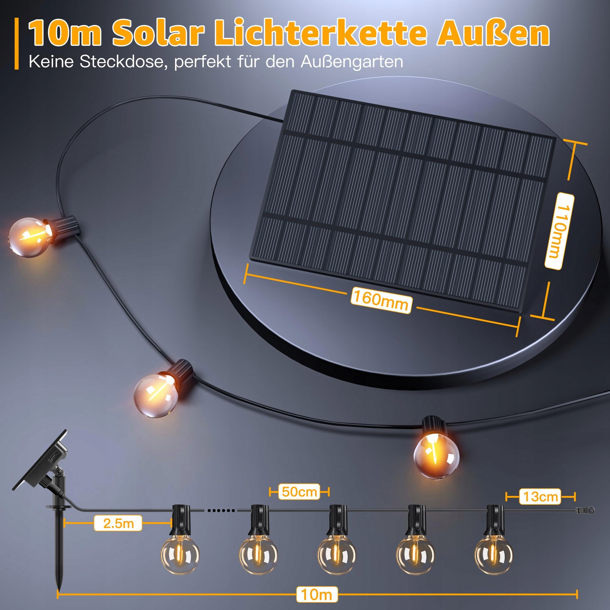 OLLNY Solarna Girlanda Zewnętrzna 10M 17 LED Pilot IP65 Ogród Balkon Party — miniatura 4