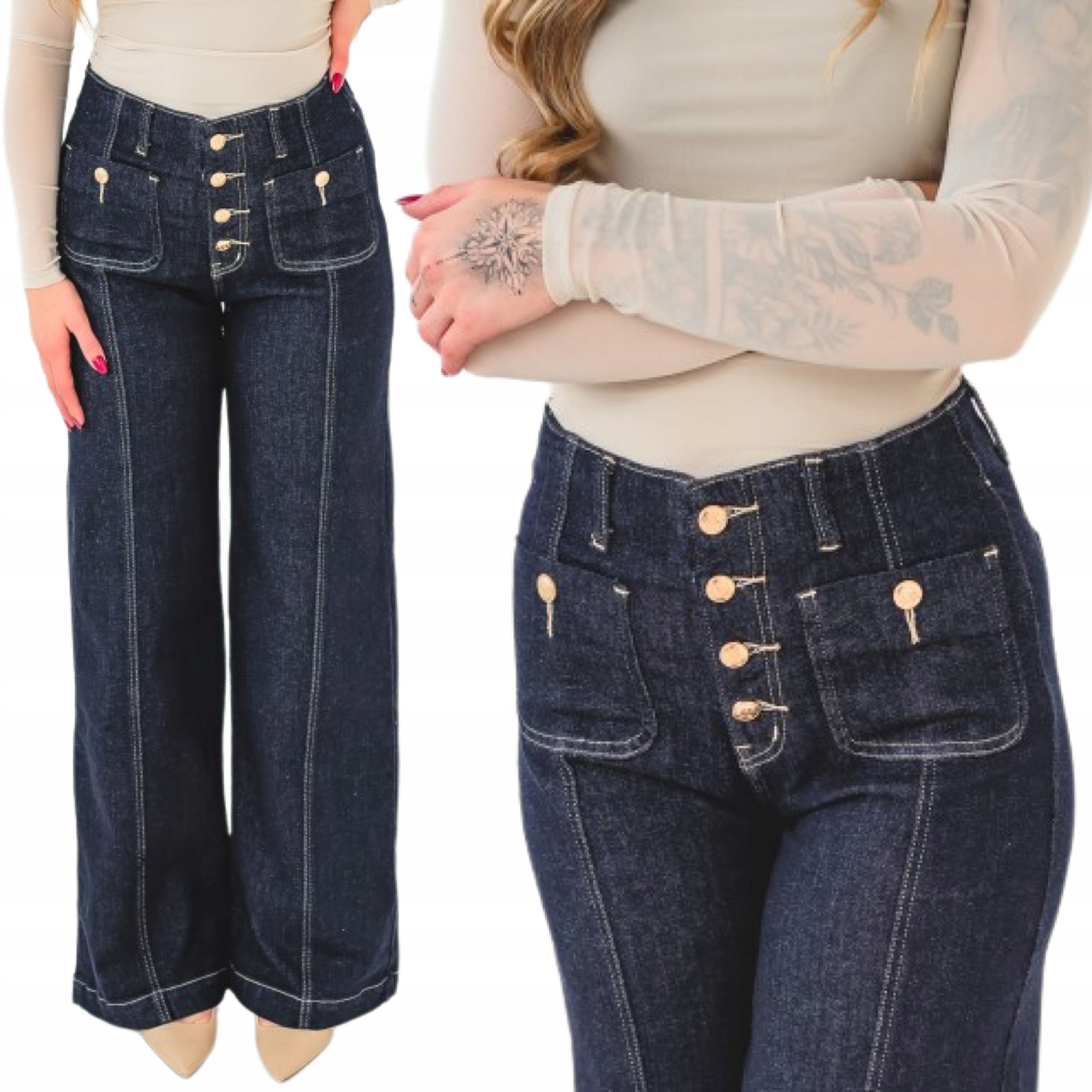 Dámské kalhoty Wide Leg s vysokým pasem široké tmavě modré džíny s knoflíky S