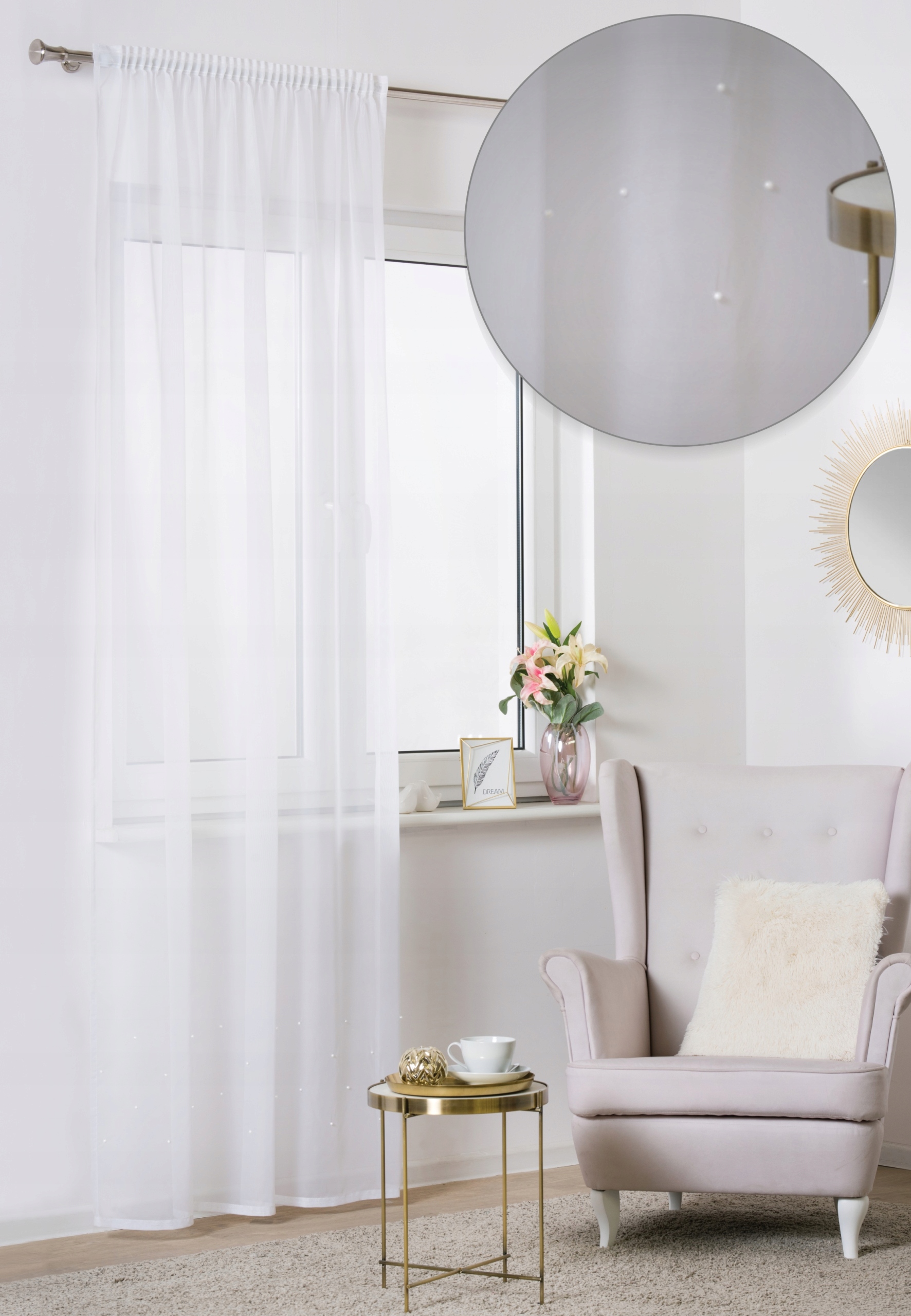 

Firanka długa salon zdobiona perłami 140x260