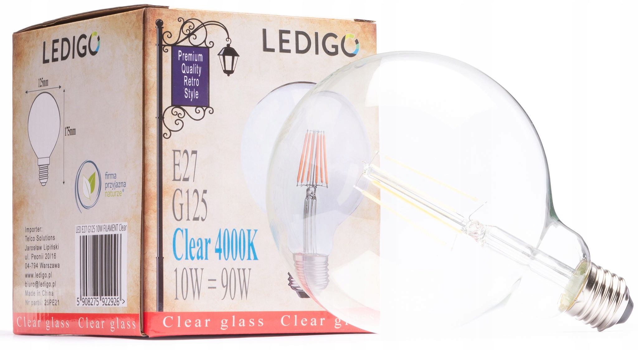 

Żarówka E27 G125 Filament 10W Neutralna