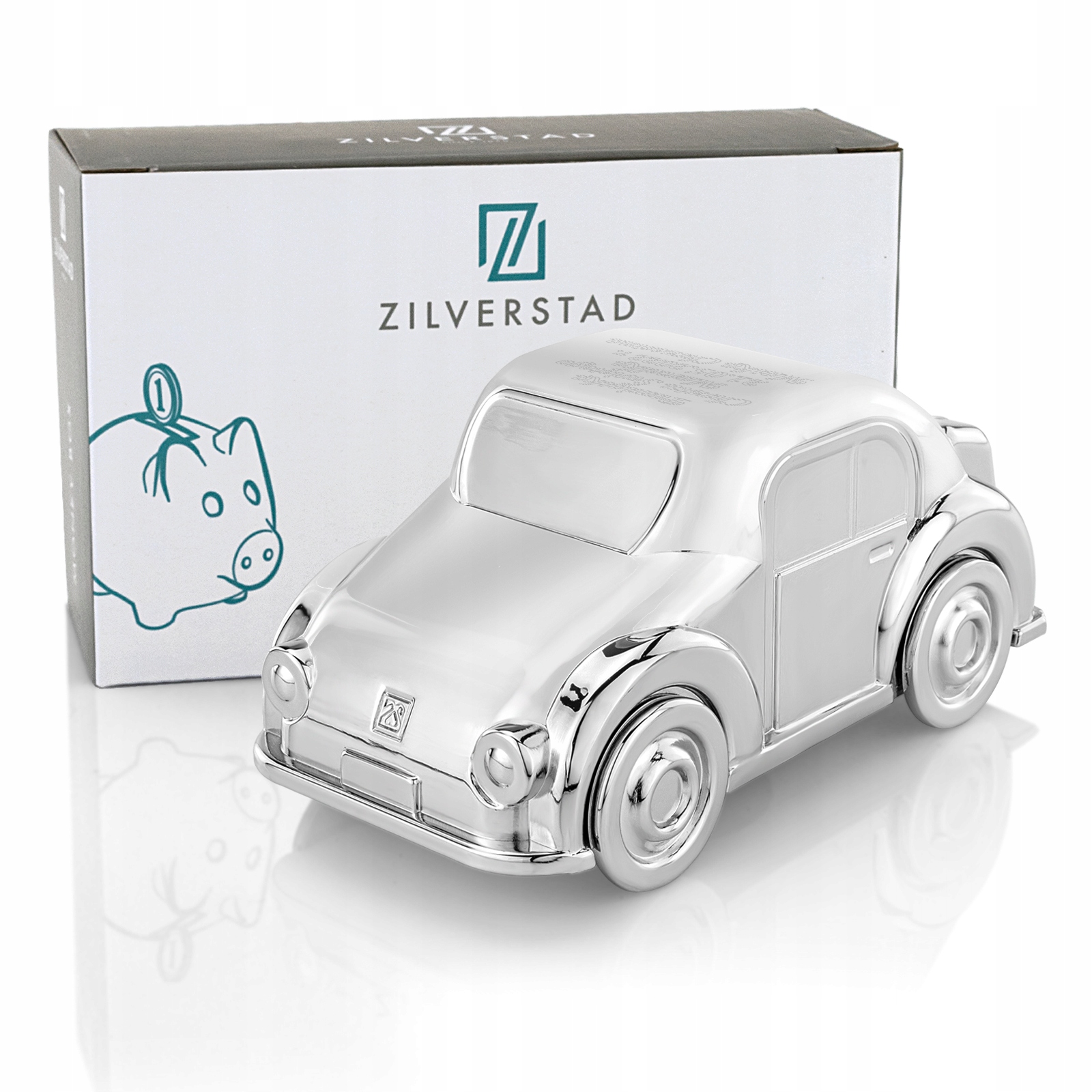 Skarbonka posrebrzana AUTO CHRZEST Roczek GRAWER Płeć chłopcy