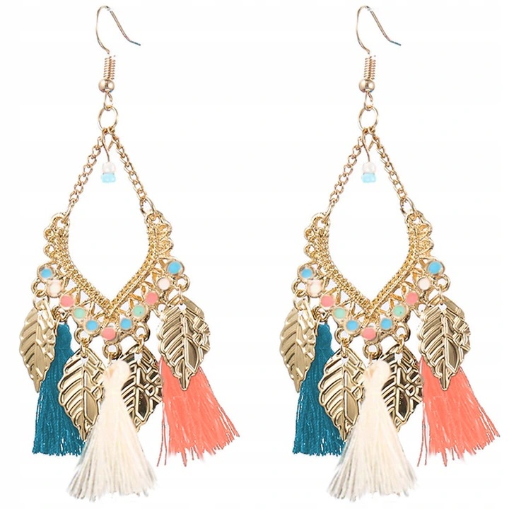 

Kolczyki złote listki frędzle aztek boho pastele