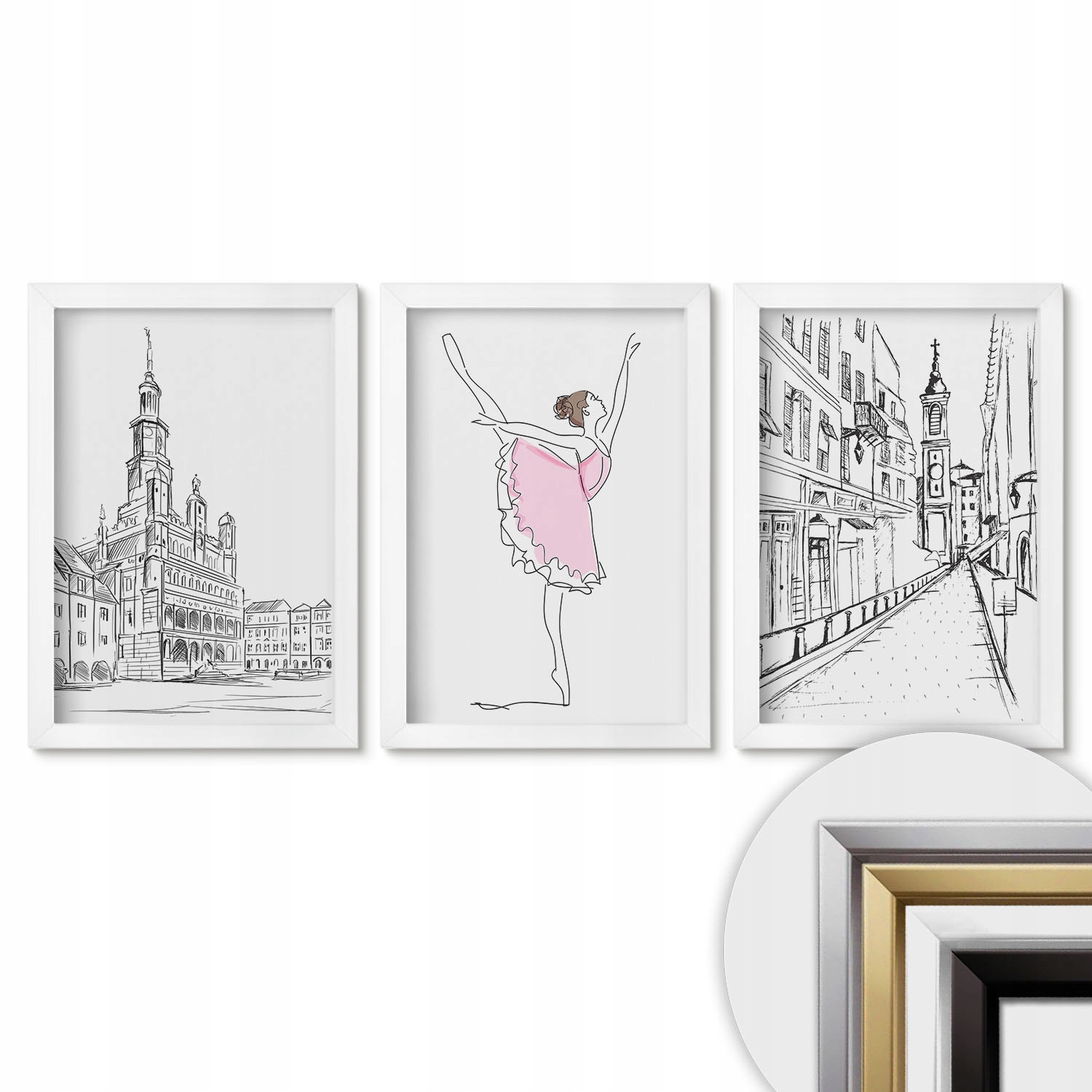 Sada obrazů do obývacího pokoje Triptych 3x 20x30 Stylové baletky a architektura