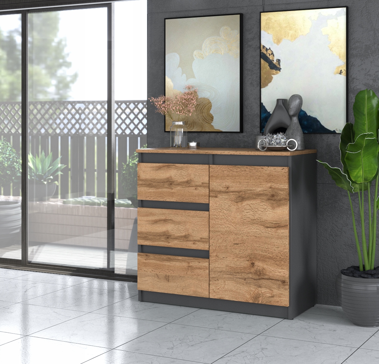 Komoda LUX 80CM ANTRACYT/DĄB WOTAN Pojemna Szafka 3 Szuflady MIX KOLORÓW Kod producenta AZ_K80AGA_SZM/DW/DW