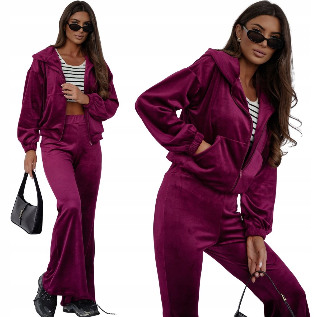 Velurové teplákovka dámské zvonové kalhoty mikina na zip 821144 vínová L/XL