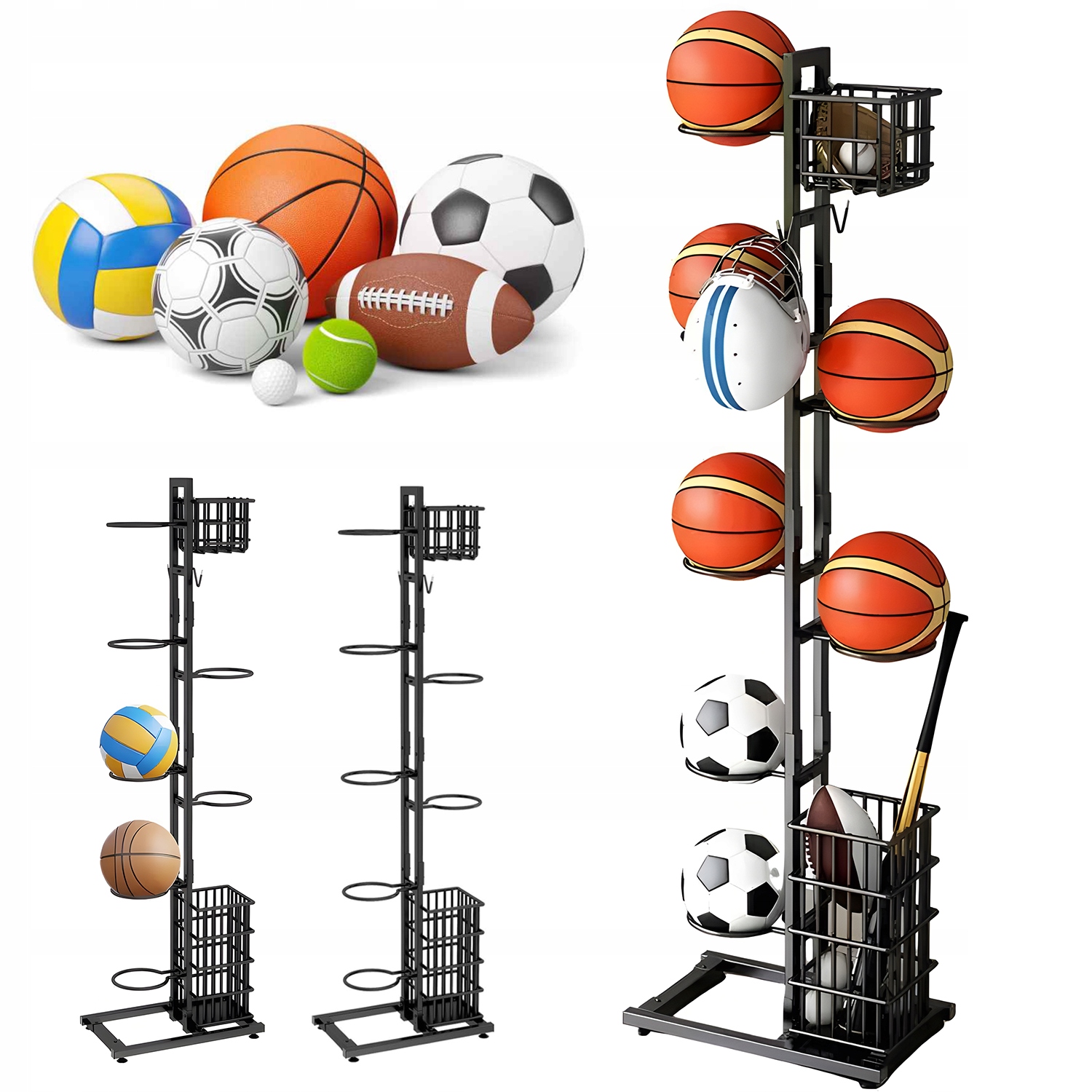Stojan Na Míče Kovový Vertikální Úložný Prostor S Košíky Na Míče S Hákem