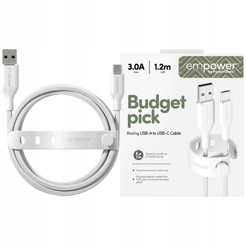 Kabel empower by PanzerGlass Racing 60W Usb-a do Usb-c 1.2m srebrno biały