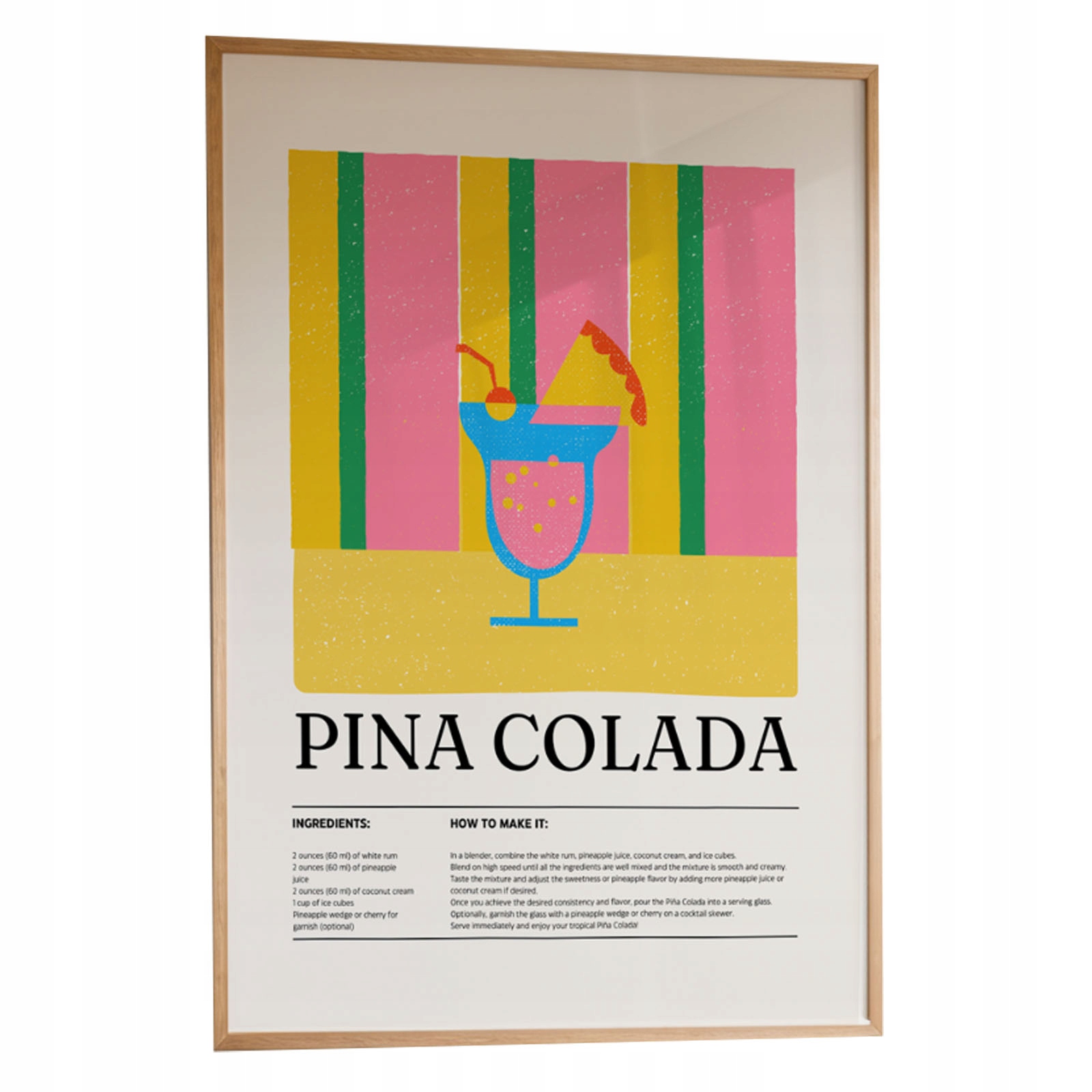 Plakát Pina Colada A3 Recept Koktejl Bar Obraz Rámeček Dřevěný 30x42 cm
