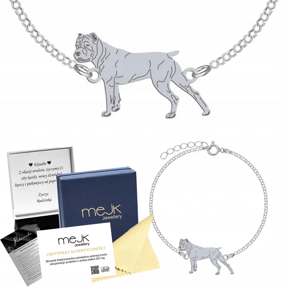 Stříbrný náramek s psem Bandog 925 Šperky Řetízek Dárek Gravírování