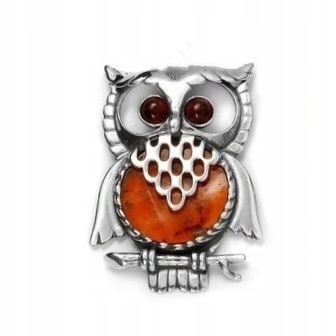 Stříbrná Brož Sova Baltský Jantar Dárek