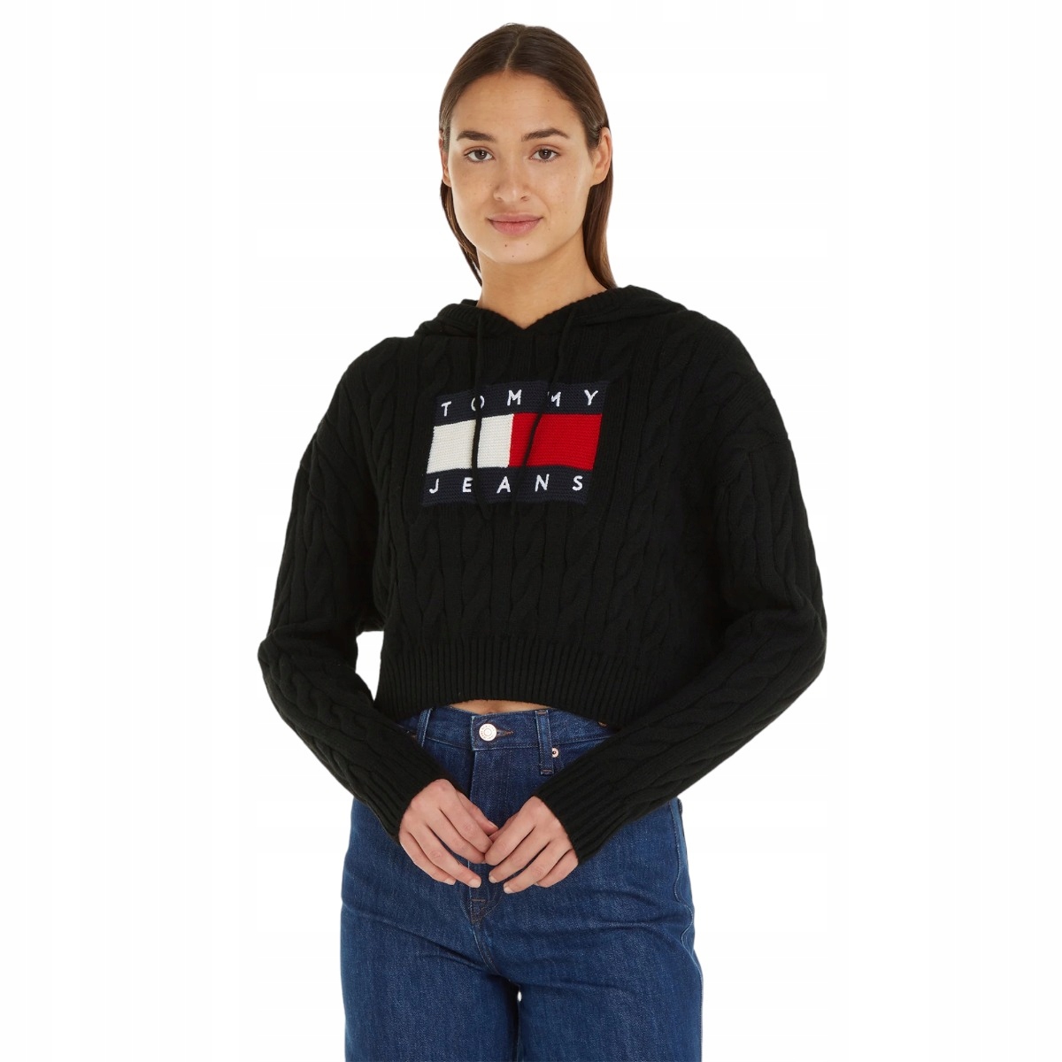 Tommy Hilfiger Dámský Svetr Tjw Center Flag Cable Hoodie Černý vel. M