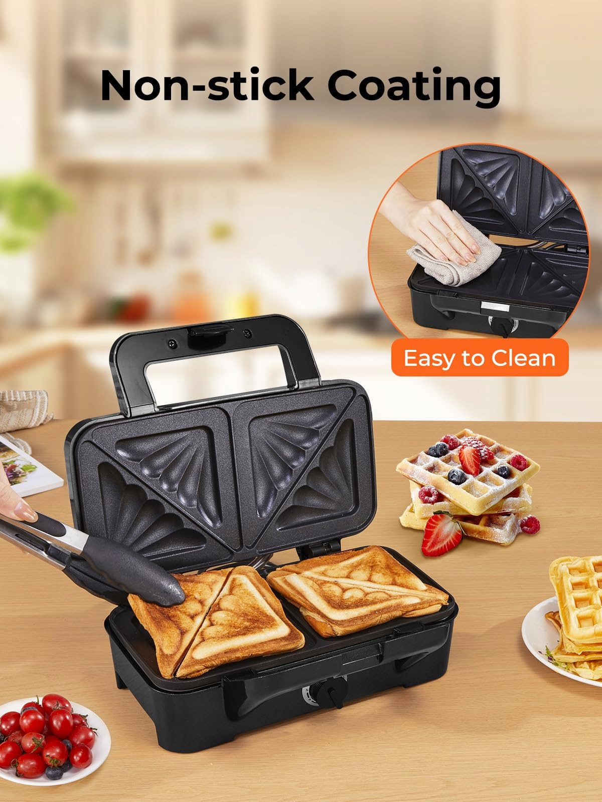 SANDWICHMAKER 3W1 GOFROWNICA GRILL KONTAKTOWY 1200W ANTYPOŚLIZGOWY — miniatura 7