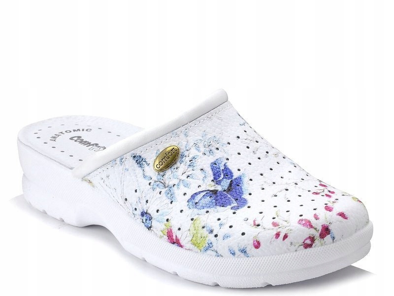 Klapki damskie medyczne sanitarne skórzane białe kwiaty Comfooty Alessia 39