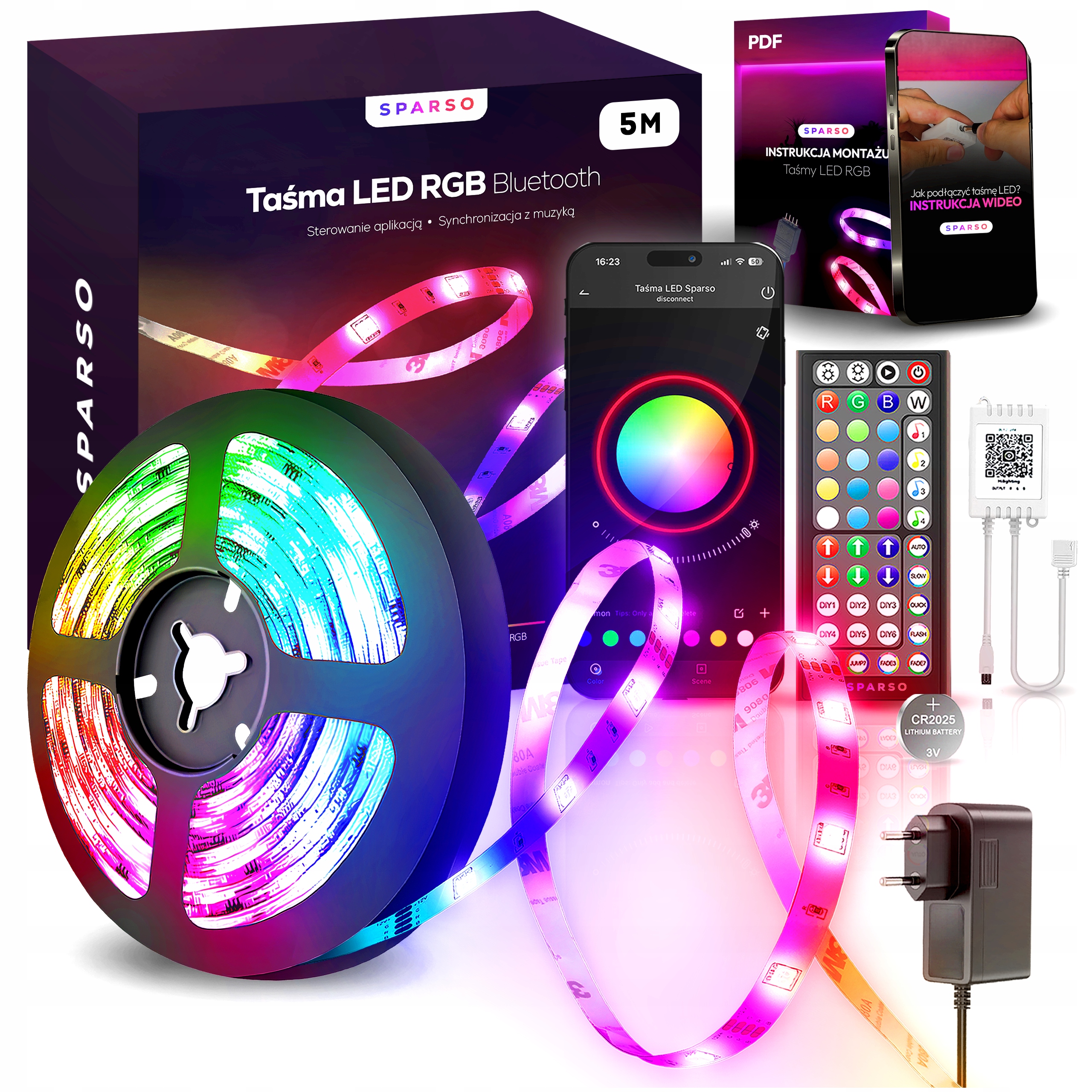 TAŚMA LED RGB 5M LEDY 230V 12V z PILOTEM Bardzo mocna ZESTAW + APLIKACJA