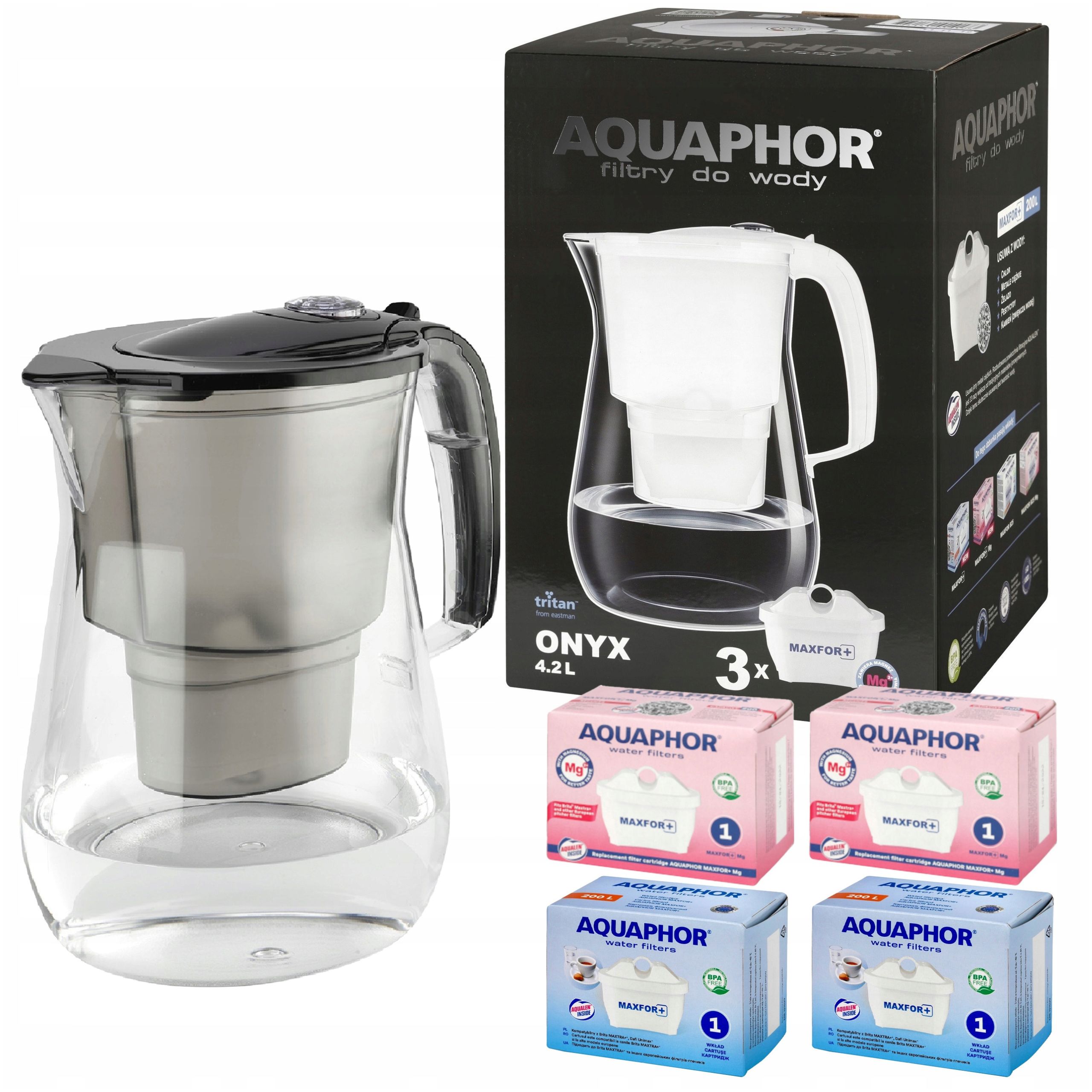 Dzbanek filtrujący Aquaphor Onyx czarny z filtrami 2 zwykłe 2 magnezowe