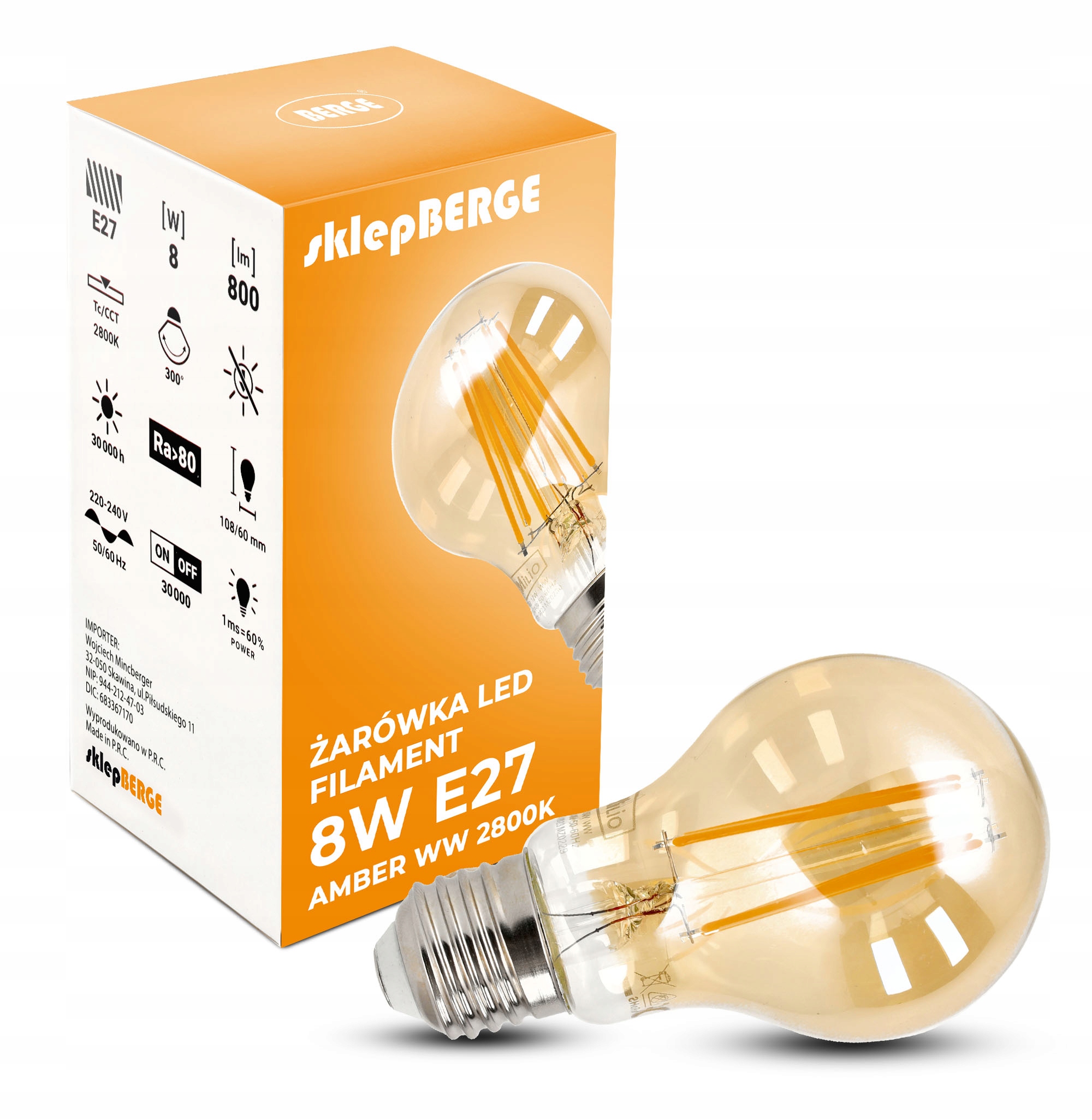

Żarówka Led E27 Filament 8W A60 Amber 800lm 2800K