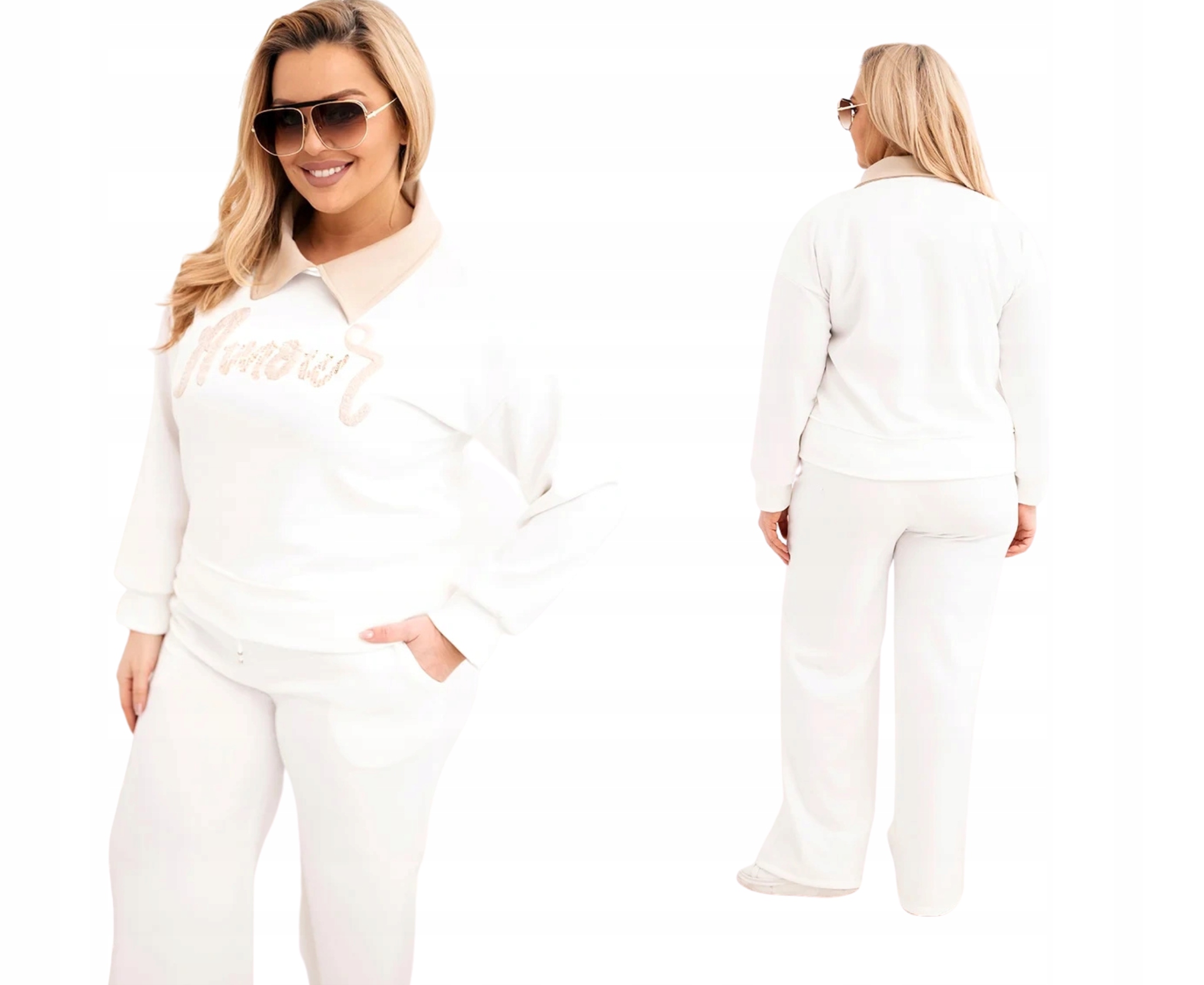 Bílá tepláková souprava Máselková Plus Size s límečkem a výšivkou