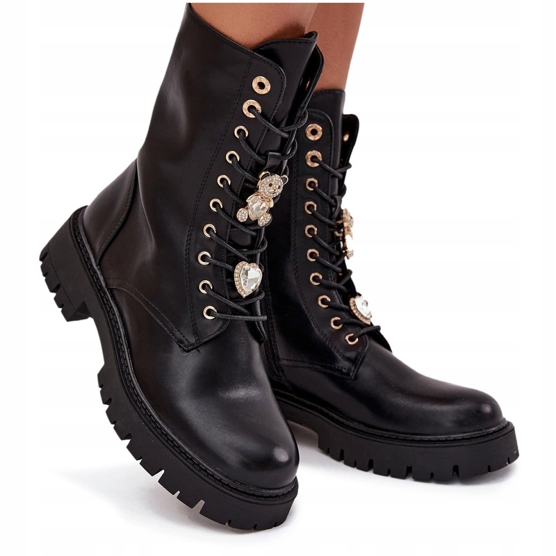 Kotníkové Boty Workery Zateplené Na Zip, Připínáčky Medvídek Srdce Černé 40