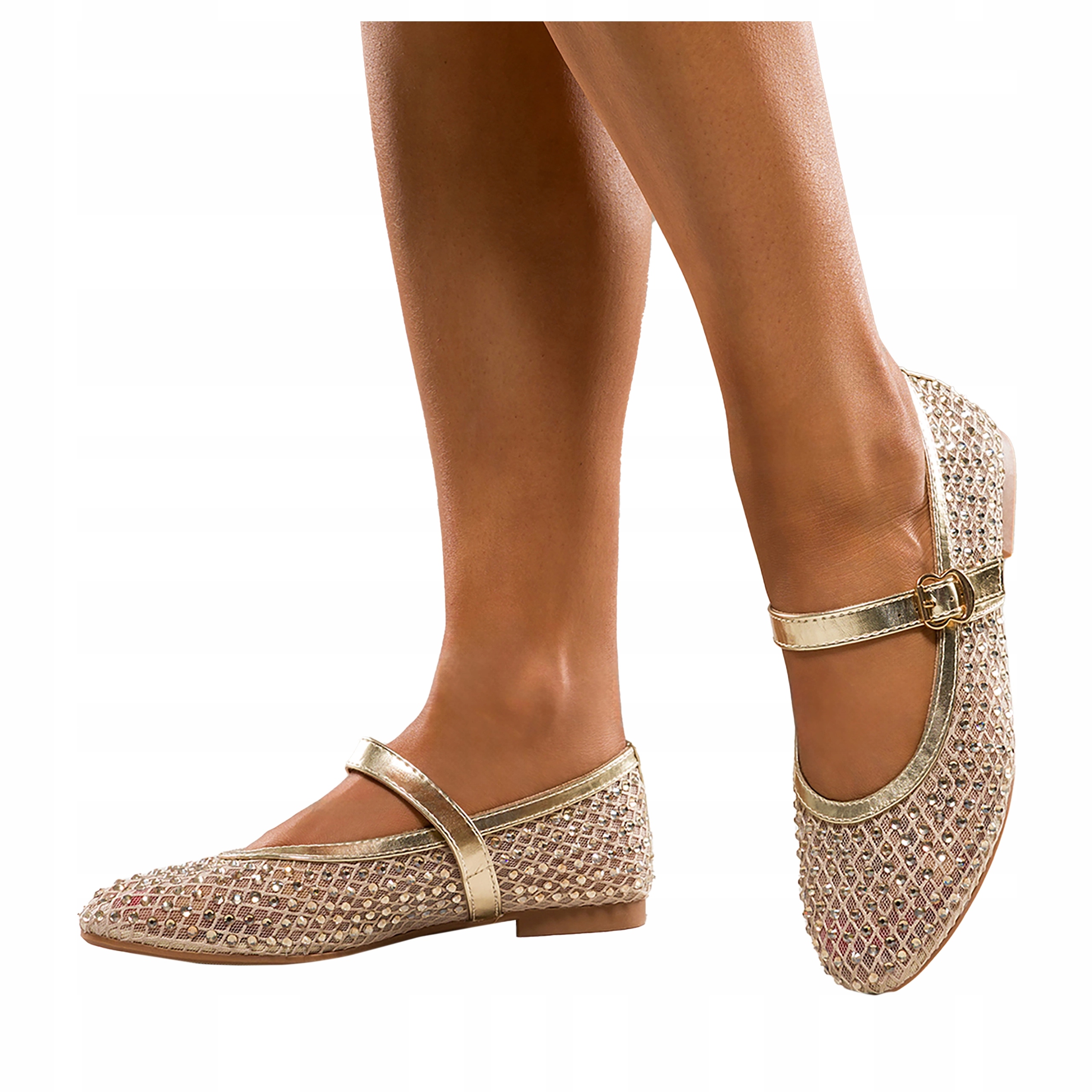 Dámské Baleríny Zlatá Síťka Módní Pásek Mary Jane Pohodlné Lehké vel 37