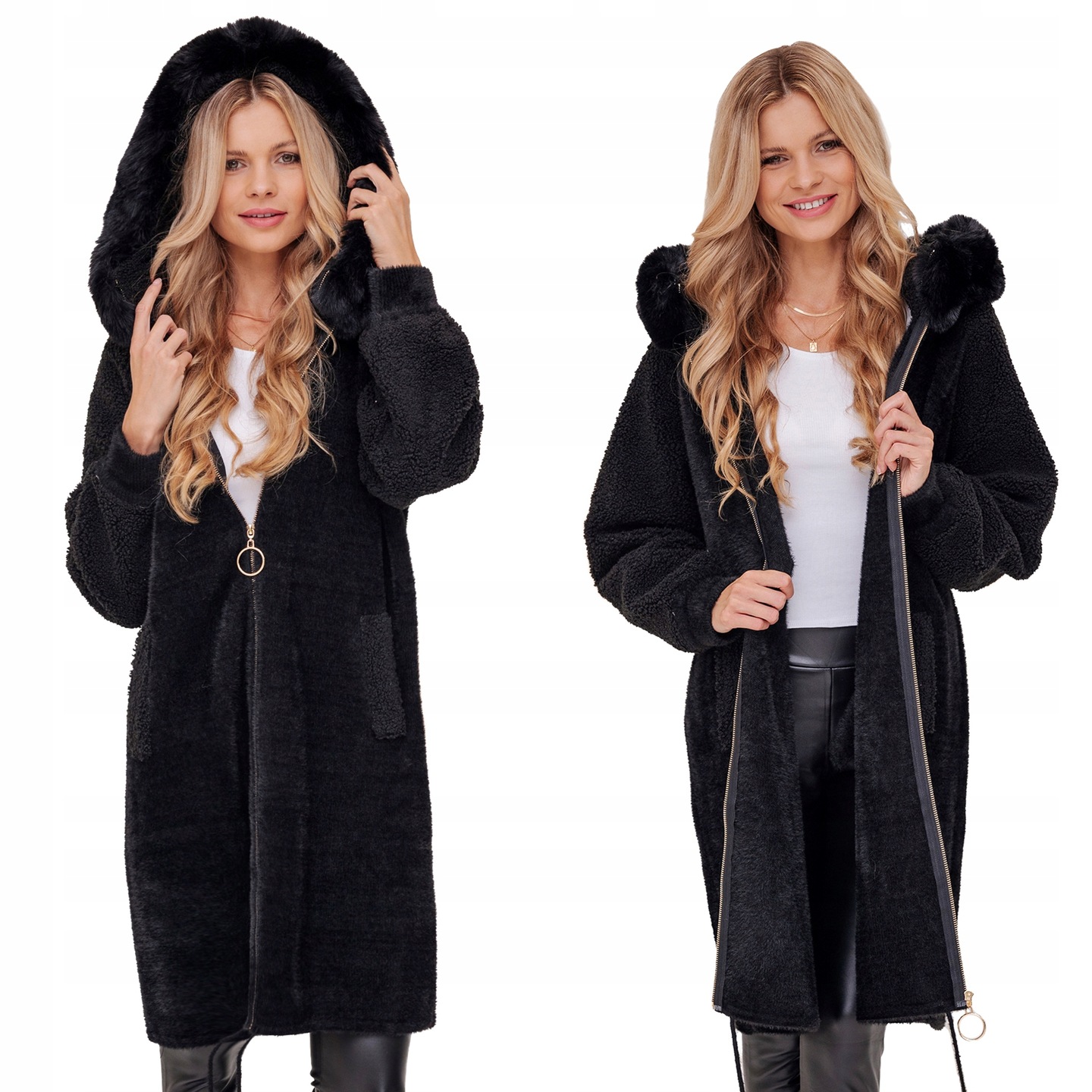 Dlouhá Teplá Alpaka S Beránkem, Kabát S Teplou Vlnou S Kapucí Černá