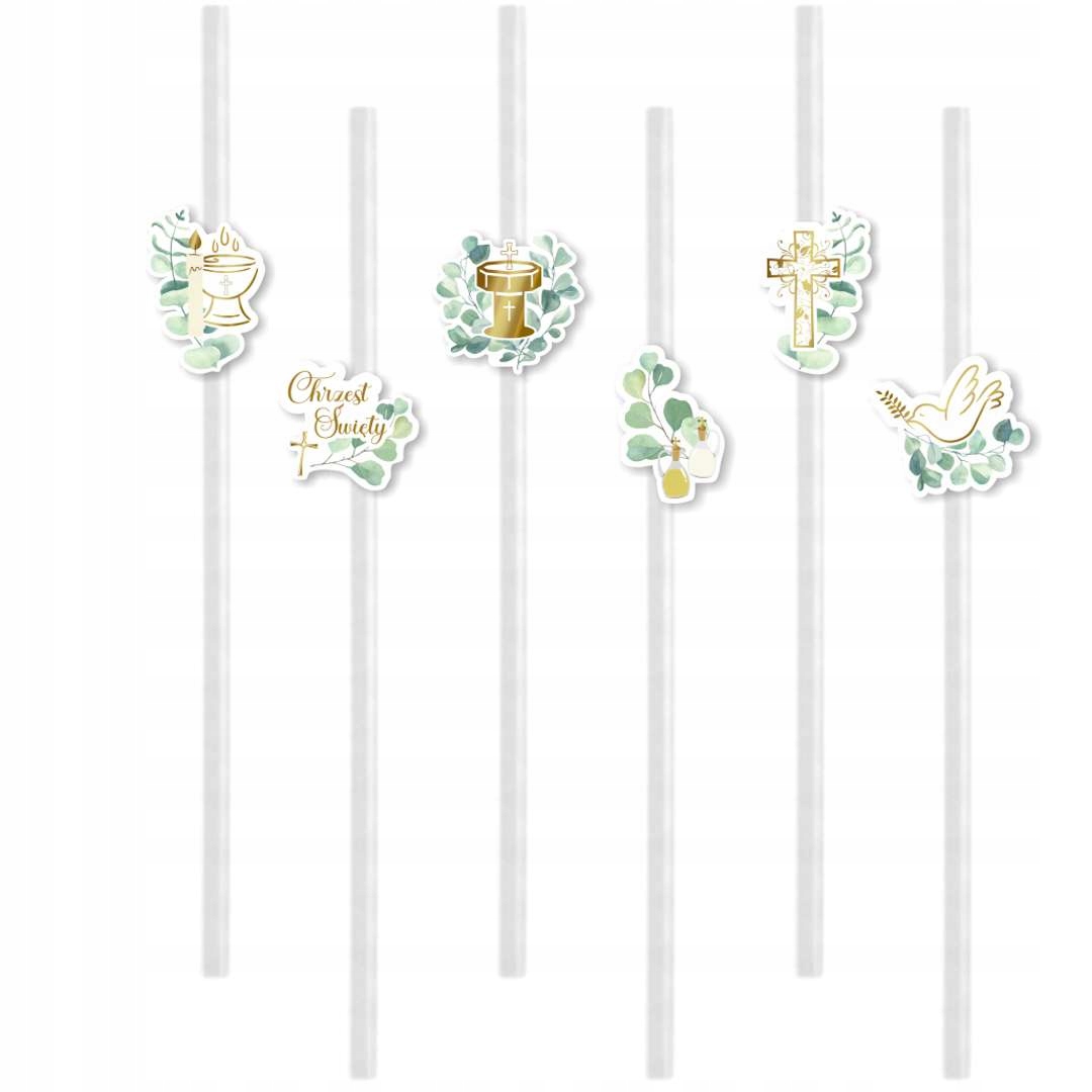 SŁOMKI papierowe BIAŁE nadruk CHRZEST ŚWIĘTY listki eukaliptusa X6