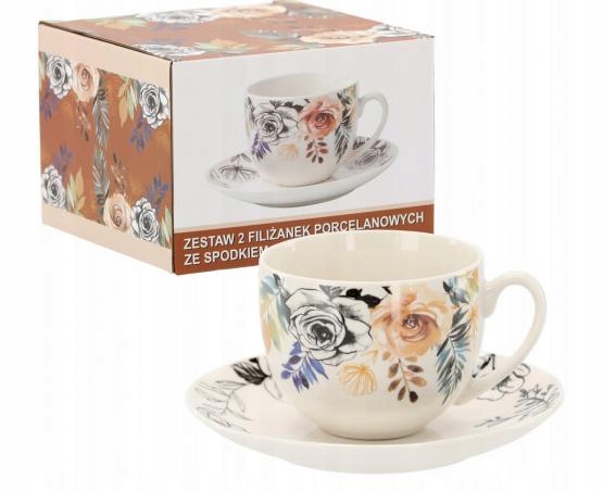 

Filiżaki Porcelanowe Ze Spodkiem 240ML Kwiat Róża