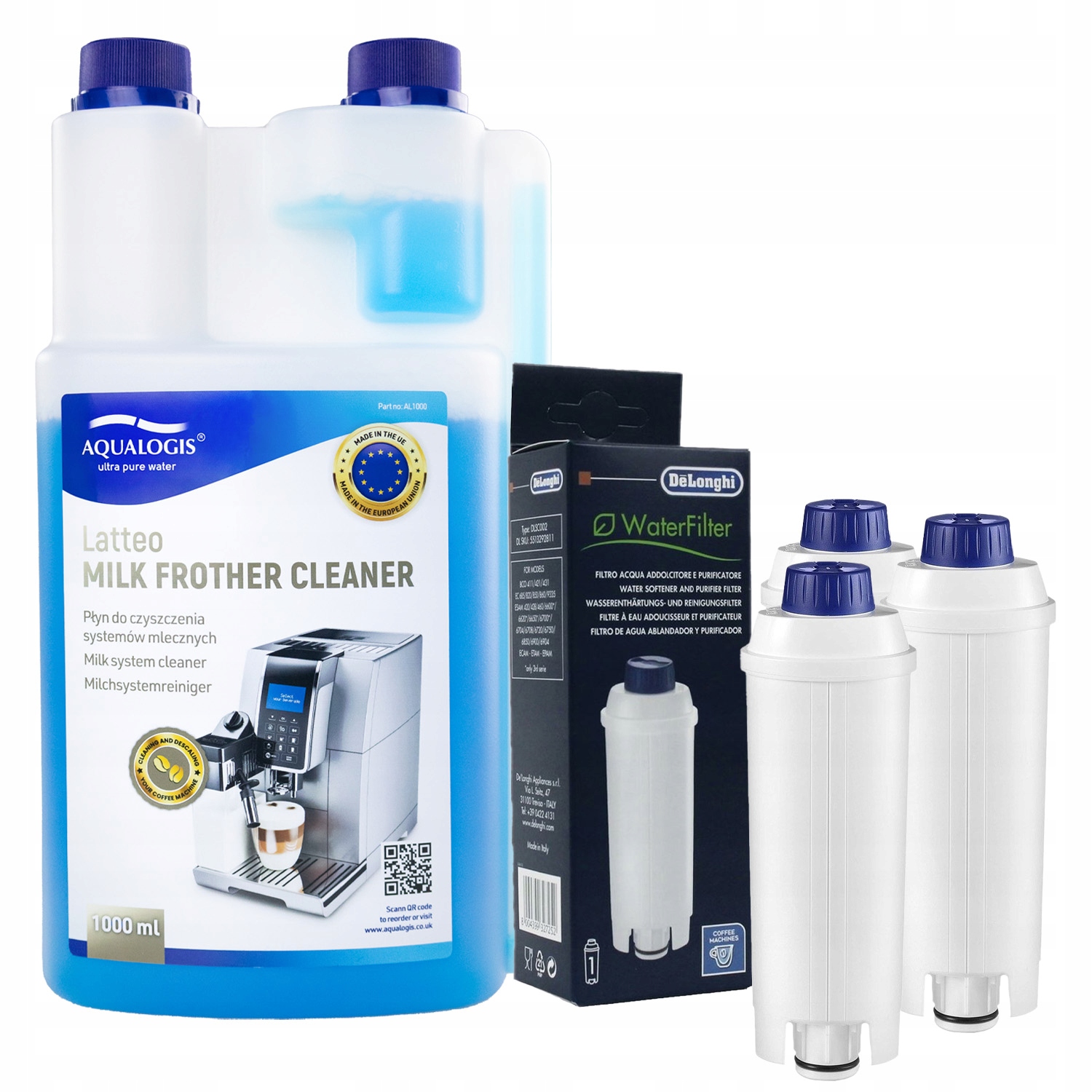 3x Filtr vody DLSC002 pro kávovar Delonghi čisticí kapalina Latteo 1 l