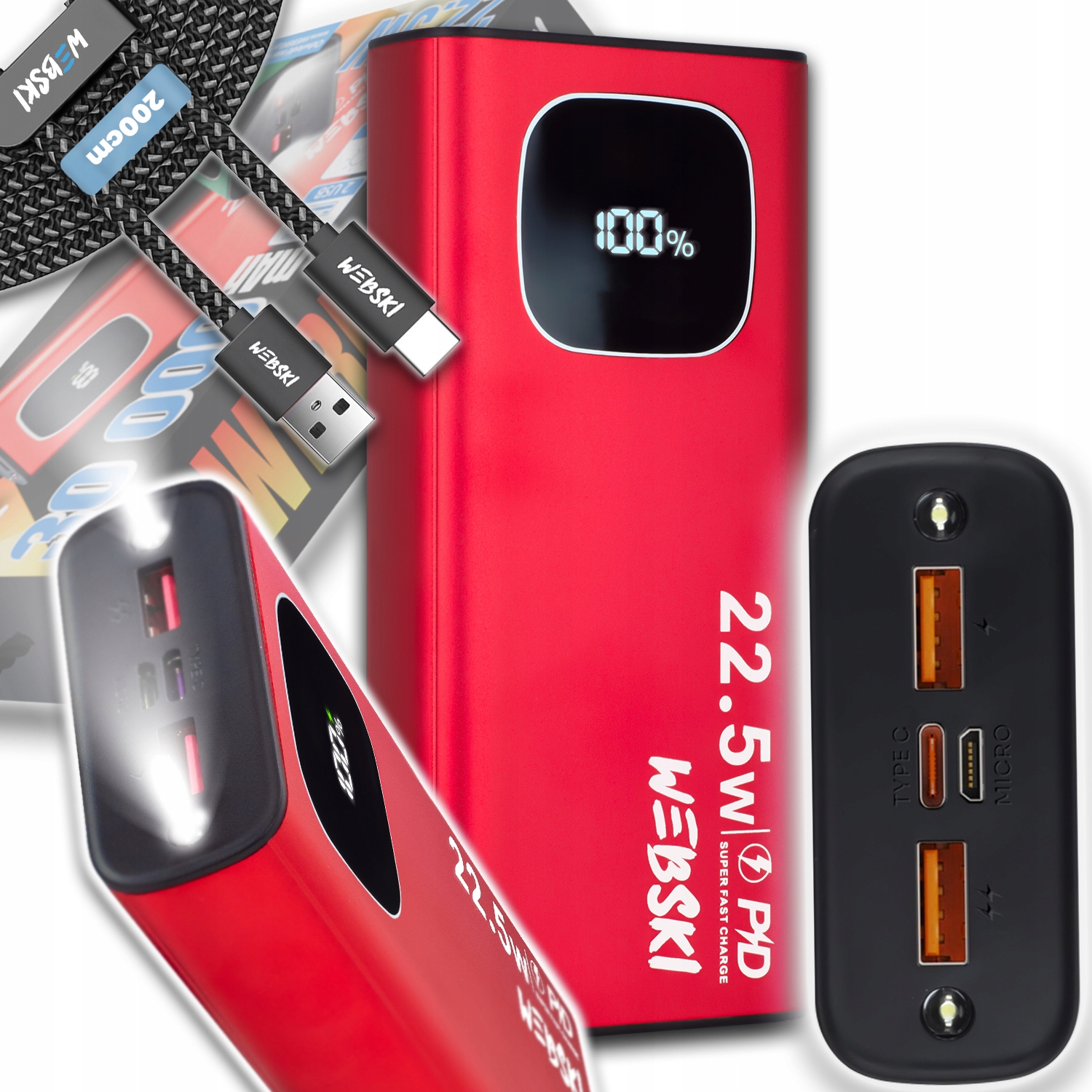 Powerbank 22,5W Rychlé Nabíjení Qc Pd Usb-c 2X Usb Usb Kabel Usb-c 2M 200 CM